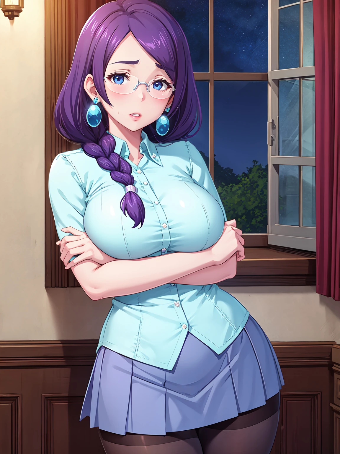 masterpiece, high quality, detailed, intricate, vivid, sidelighting, 
Inoue Aoi, a girl is standing, crossed arms, cowboy shot,
1girl, mature female, solo,
looking at viewer, blush, parted lips,
purple hair, long hair, single braid, blue eyes, glasses, earrings,
white shirt, blue skirt, black pantyhose,
curvy, large breasts, thighs,
indoors, room, window, night, starry sky,
 <lora:Inoue Aoi15:1>