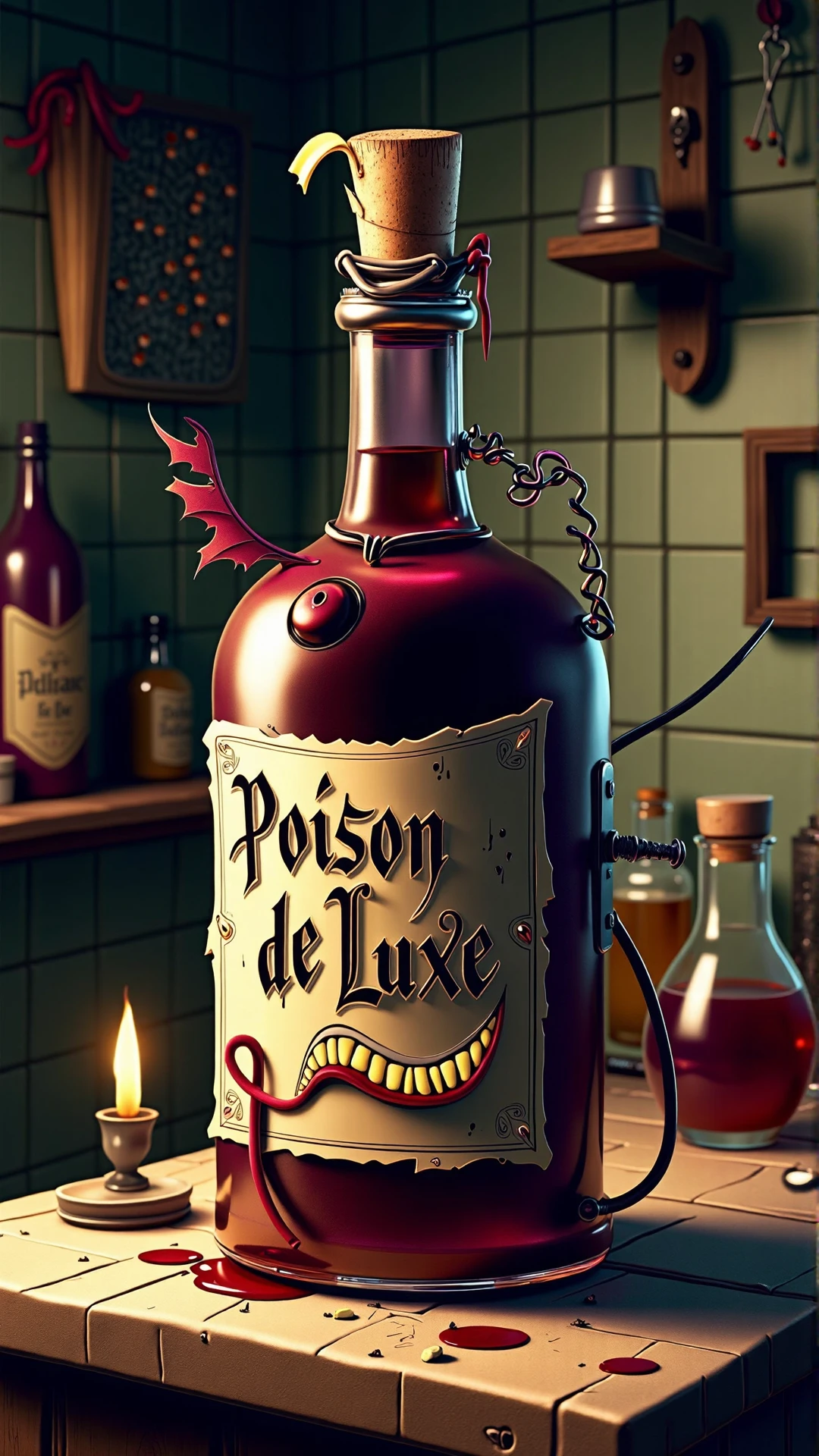 An image of a villainous item: A malevolent wine bottle with a sneer carved into the glass, the curve of the neck forming an evil, upturned smile. The bottle's body is a deep, rich red, like blood, and the label is torn and frayed, with sinister, Gothic script that reads "Poison de Luxe" in gold, dripping ink. The cork is twisted into a wicked grin, as if it's been pulled with great malice. The wine bottle itself appears to be radiating an aura of malice, with dark, swirling patterns etched into the glass that evoke a sense of foreboding.
The diabolical wine bottle sits atop a dusty, cobweb-covered shelf in a dimly lit, abandoned wine cellar. The air is thick with the scent of mold and decay, and the walls are lined with cobweb-shrouded casks and barrels, their contents long since turned to vinegar. A single, flickering candle casts eerie shadows on the walls, illuminating the nefarious wine bottle and making it seem as though it's watching and waiting for its next victim.<lora:VillainousStyleFlux:1>