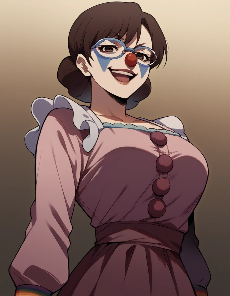 score_9, score_8_up, score_7_up, source_anime, <lora:aki-kikuchihara-s1-ponyxl-lora-nochekaiser:1>, aki kikuchihara, brown hair, brown eyes, glasses, mature female, large breasts,, <lora:clown-ponyxl-lora-nochekaiser:1>, clown, makeup, clown nose, facepain...