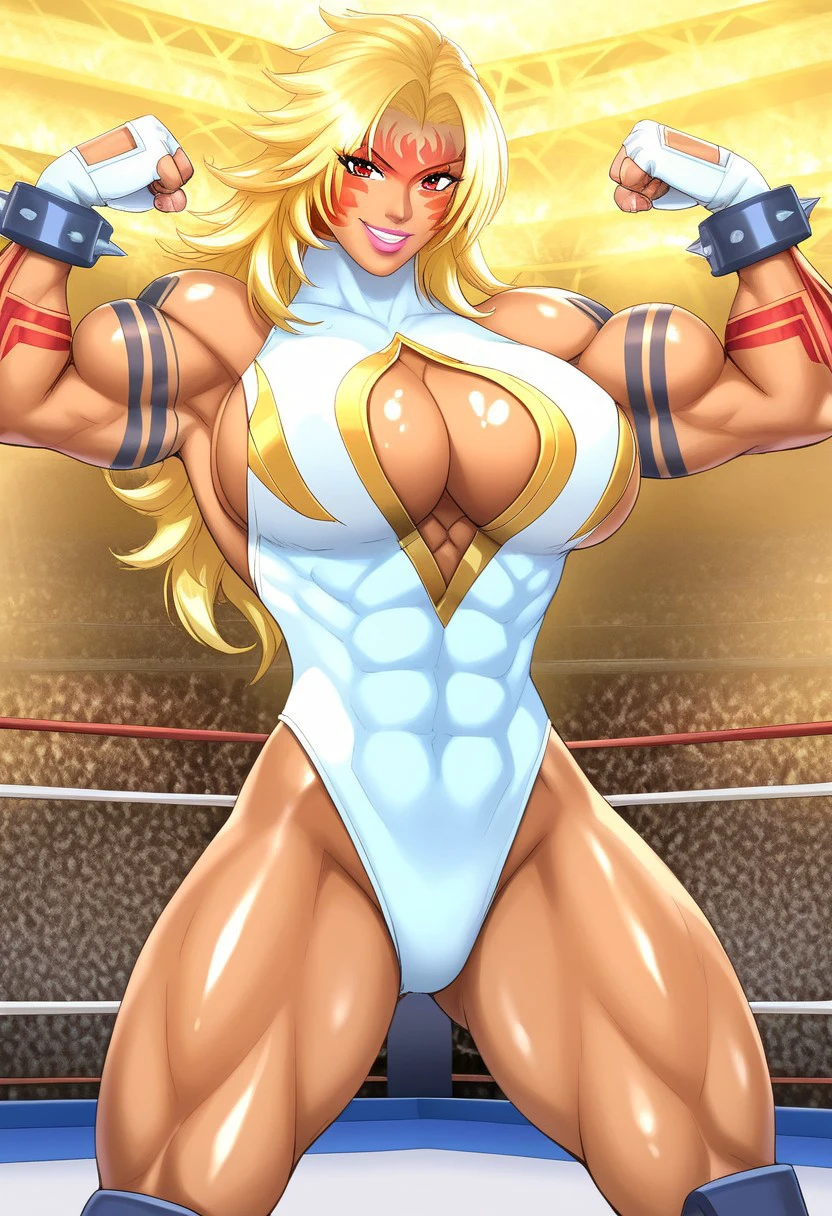 (((((1girl, solo, Power Lady, tall_female, smiling, teeths, bare_shoulders, wrestling_outfit, highleg_leotard, sideboob, thick_thighs, jewelry, thighs, shiny_hair, shiny tattoos, white_footwear, halterneck, cleavage cutout, center_opening, red_eyes, muscular, fingerless_gloves, sleeveless, knee_pads, muscular_female, flexing muscles, bracelet, forehead_mark, body marks, parted_lips, blonde_hair, leotard, tattoo, tattoos, fingernails, high_heels, lips, bangs, facial_mark, knee_boots, spikes, spiked_bracelet, shiny_skin, large_breasts, tanned body))))), (((indoors, wrestling arena, in ring, lighting))), (((detailed background))), mur4k4mi, Expressiveh, best quality, ((high definition)), masterpiece, nsfw