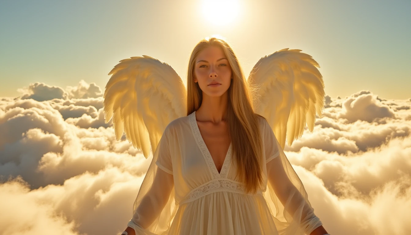 A breathtakingly beautiful woman, with long flowing  hair, poses seductively upon a bed of clouds that billow in every direction. She wears a conservative, diaphanous robe, suggesting a sculpted form and highlighting her exquisitely detailed skin, glowing with a radiant, almost divine heat. Sunlight bathes the scene in a mesmerizing prismatic rainbow glow, casting soft chiaroscuro shadows on her figure.  The composition follows the rule of thirds, drawing the viewer's eye towards the captivating focal point: her face, lit by golden light that dances on her skin and accentuates the subtle lines of her features. 

She has large angel wings, the majestic white wings are open behind her and golden light dances through them.

The image incorporates elements of religious iconography - delicate symbols woven into the fabric of her robe, reminiscent of ancient Greek art, hints at a celestial power within. This is a masterpiece photograph rendered in realistic detail with a photo-realistic style, capturing the essence of divine beauty."

Rule of Thirds & Golden Ratio: These principles guide composition to create visually appealing balance and interest.
Chiaroscuro: The contrast between light and shadow creates depth and drama in the image. This can be achieved by focusing on dramatic lighting with the sunlight reflecting off her skin.
Photorealistic Style: Emphasize detailed texture, realistic skin tones, and a sense of depth through perspective and focal points.
Religious Iconography: Use subtle details to hint at the divine nature of the subject without being explicit. SFW, safe for work, 