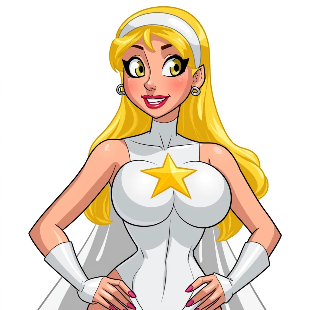 UHD, 4k, ultra detailed, cinematic, a photograph of  <lora:cartoon John North style v3:1>
A cartoon picture of a cartoon of starlighta white outfit superhero smiling blonde woman dressed as a Starlight outfit with a star on her chest, perfect image, perfect body, perfect anatomy, sharp image, detailed image, high quality image, cartoon style, 1girl, solo, long hair, breasts, smile, blonde hair, large breasts, gloves, jewelry, yellow eyes, hairband, earrings, star (symbol), cape, character name, makeup, lipstick, hands on hips, hoop earrings, superhero, dress, lips, transparent background, parody, hands on own hips, animification, epic, beautiful lighting, inpsiring