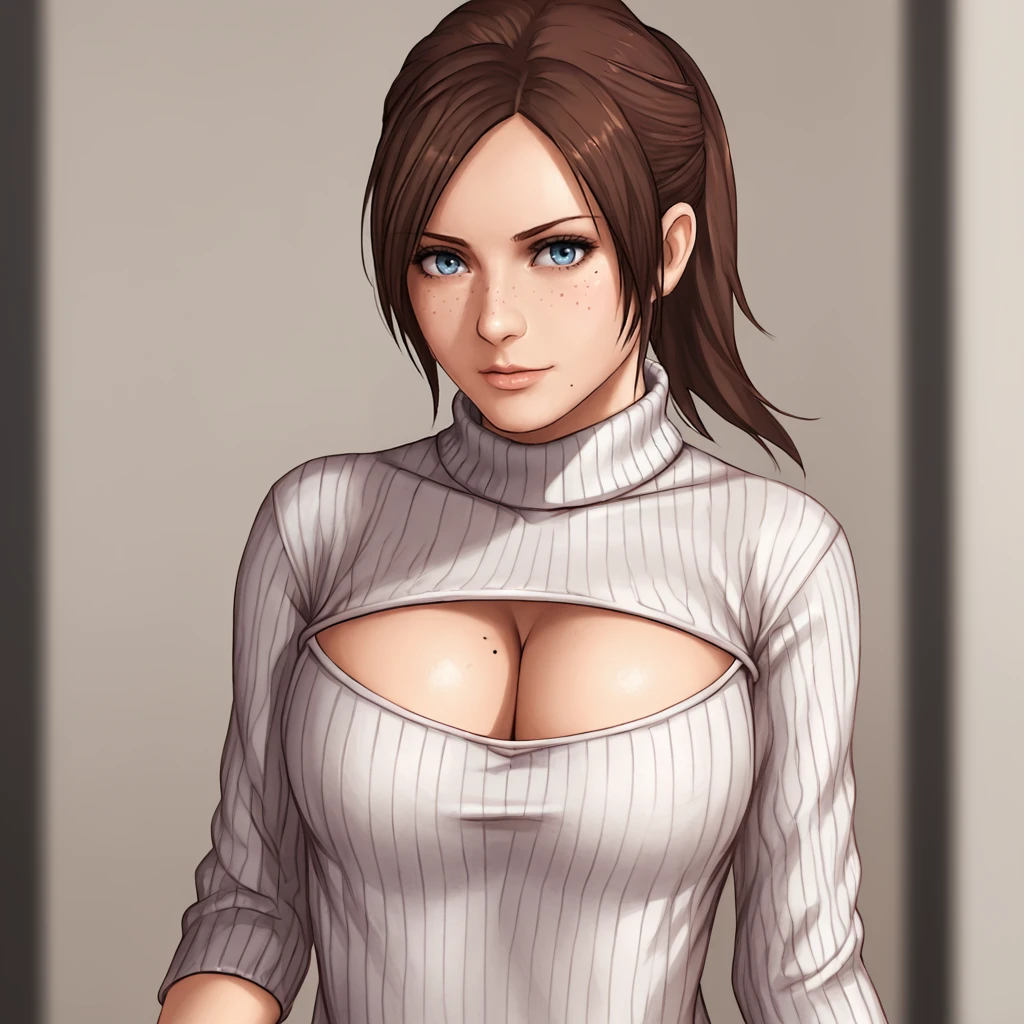 <lora:claireredfieldresidentevilrevelations2_pony_v3:.8> ClaireRedfieldResidentEvilRevelations2, 1girl, brown hair, ponytail,blue eyes, freckles, mole, long hair,  cowboy shot,  <lora:open-chest-sweater-ponyxl-lora-nochekaiser:1> open-chest sweater, ribbed sweater, cleavage cutout, meme attire, clothing cutout, turtleneck, sweater dress, cleavage, clothes tug, sweater pull, cleavage reach,