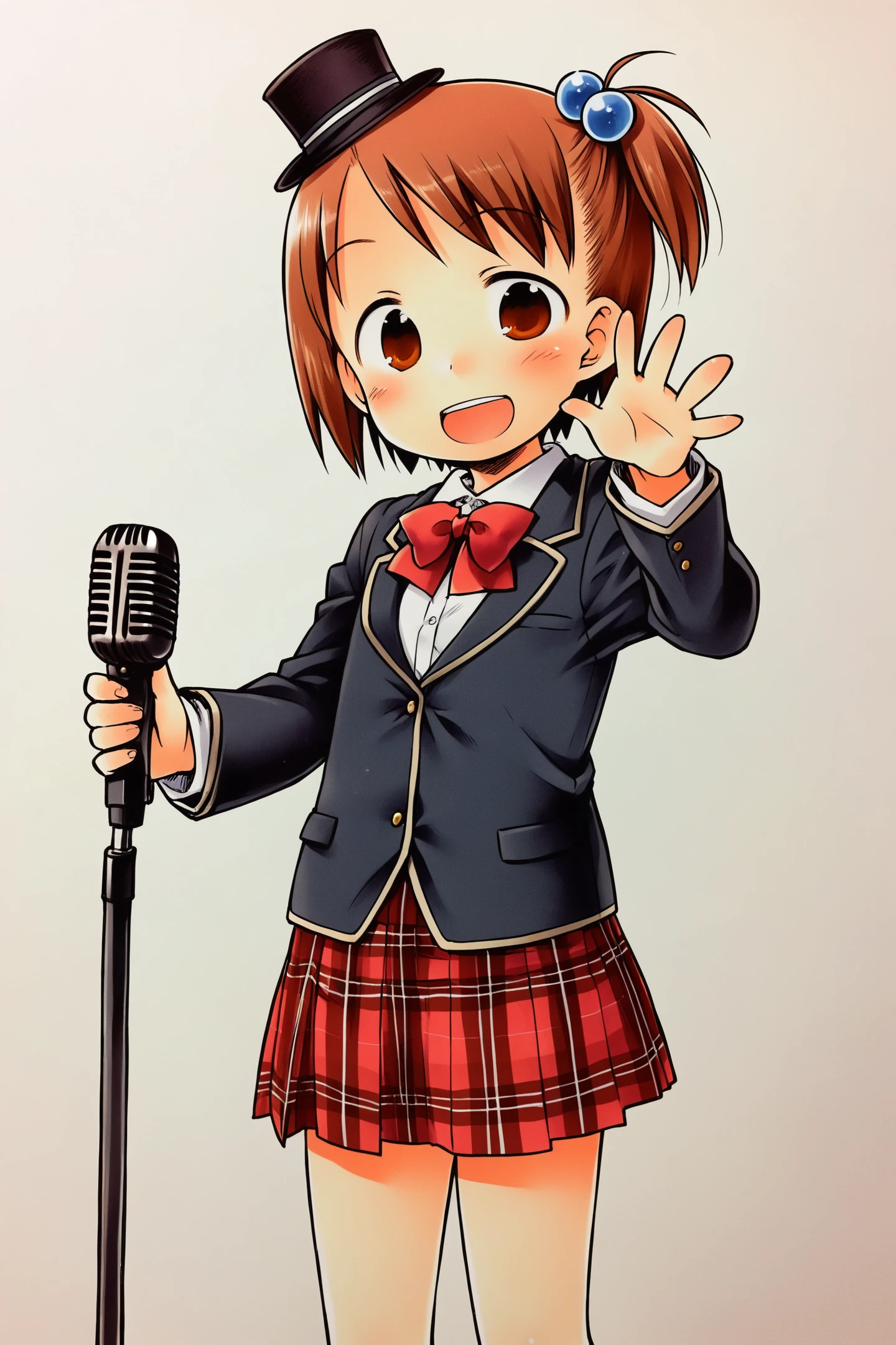 Chika Itou,1girl,solo,skirt,hat,brown hair,microphone,hair ornament,plaid,brown eyes,bow,smile,open mouth,jacket,hair bobbles,bowtie,looking at viewer,short hair,simple background,plaid skirt,top hat,school uniform,pleated skirt,holding,long sleeves,white background,:d,mini hat,blush,blazer,child,shirt,side ponytail,cowboy shot,black headwear,white shirt,one side up,black jacket,holding microphone,red skirt,
<lora:Ichigo Mashimaro_illustriousXL:0.8>,