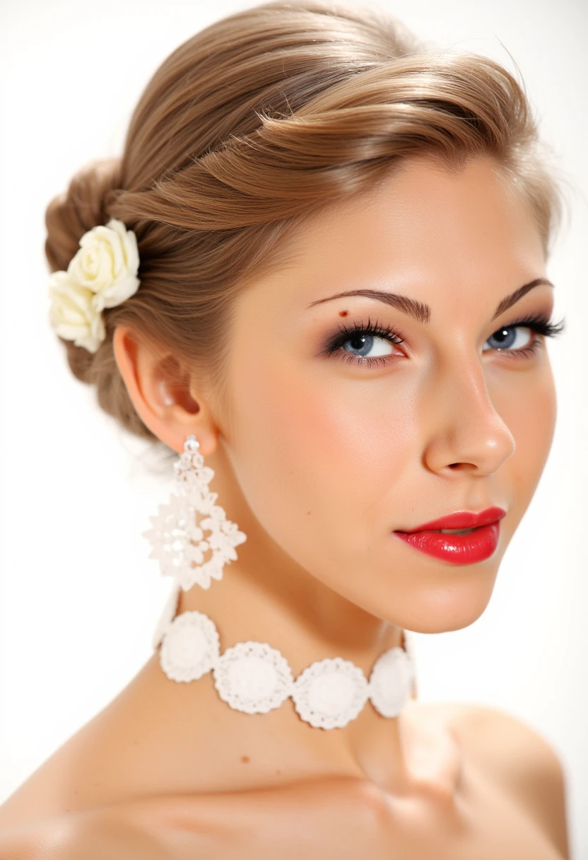 The image is a high-resolution photograph of 

Woman is styled in a vintage or retro fashion. 
 her hair is adorned with flowers, 

 Her makeup is elaborate and glamorous, featuring bold red lipstick, smoky eyeshadow, and voluminous eyelashes. She has a strong, direct gaze into the camera, which adds intensity to her expression. Wedding.

She wears a white choker around her neck, adding a touch of vintage elegance. The background is a soft, out-of-focus white, which ensures that the focus remains on the subject. The lighting is bright and even, highlighting her features and the texture of her hair. The overall style of the image suggests a blend of vintage glamour and contemporary photography, with a focus on the subject's facial expression and detailed makeup. The image captures a sense of timeless beauty and classic style.