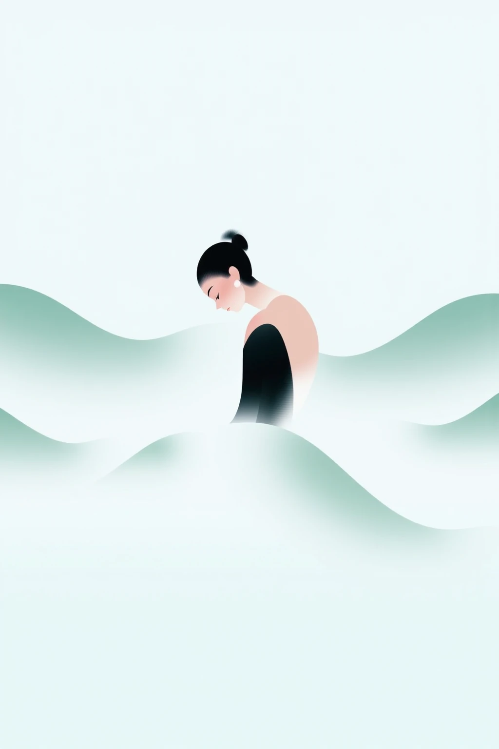 CynthiaPoster. This image is a minimalist, stylized poster that uses soft gradients and flowing lines. This illustration features a woman in a serene pose, standing amidst abstract shapes that suggest waves or flowing water. Her dark hair contrasts beautifully with the light, airy background that transitions from pale blue to soft white. The gentle curves of the waves create a sense of movement, as if she is in tune with the rhythm of the water. Her expression is calm and focused, embodying a connection to nature and tranquility. The design emphasizes simplicity and elegance, with abstract shapes that flow around the figure, enhancing the sense of movement and fluidity. The overall aesthetic feels modern and artistic, with a dreamy and ethereal quality.