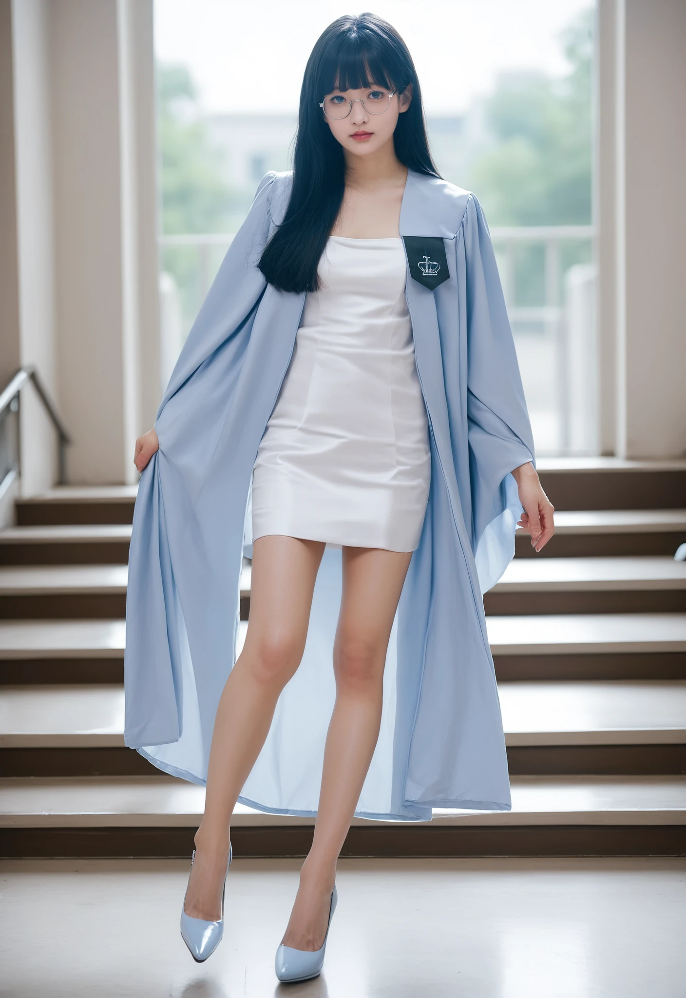 score_9,score_8_up,source_realistic,(1girl),glasses,long hair,bangs,short dress,<lora:Columbia_pony:0.9>,light blue gown,graduation gown,white dress,legs,high heels,school campus,