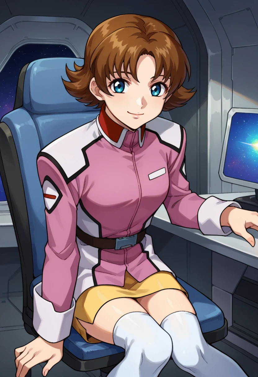 score_9,score_8_up,score_7_up,score_6_up,score_5_up,score_4_up,anime coloring,source_anime,<lora:Miriallia_Haw_Gundam_SEED_Pony:0.7>,miriallia,1girl,solo,blue eyes,brown hair,short hair,flipped hair,pink jacket,belt,yellow miniskirt,white thighhighs,smile,sitting,indoors,spacecraft,chair,looking at viewer,