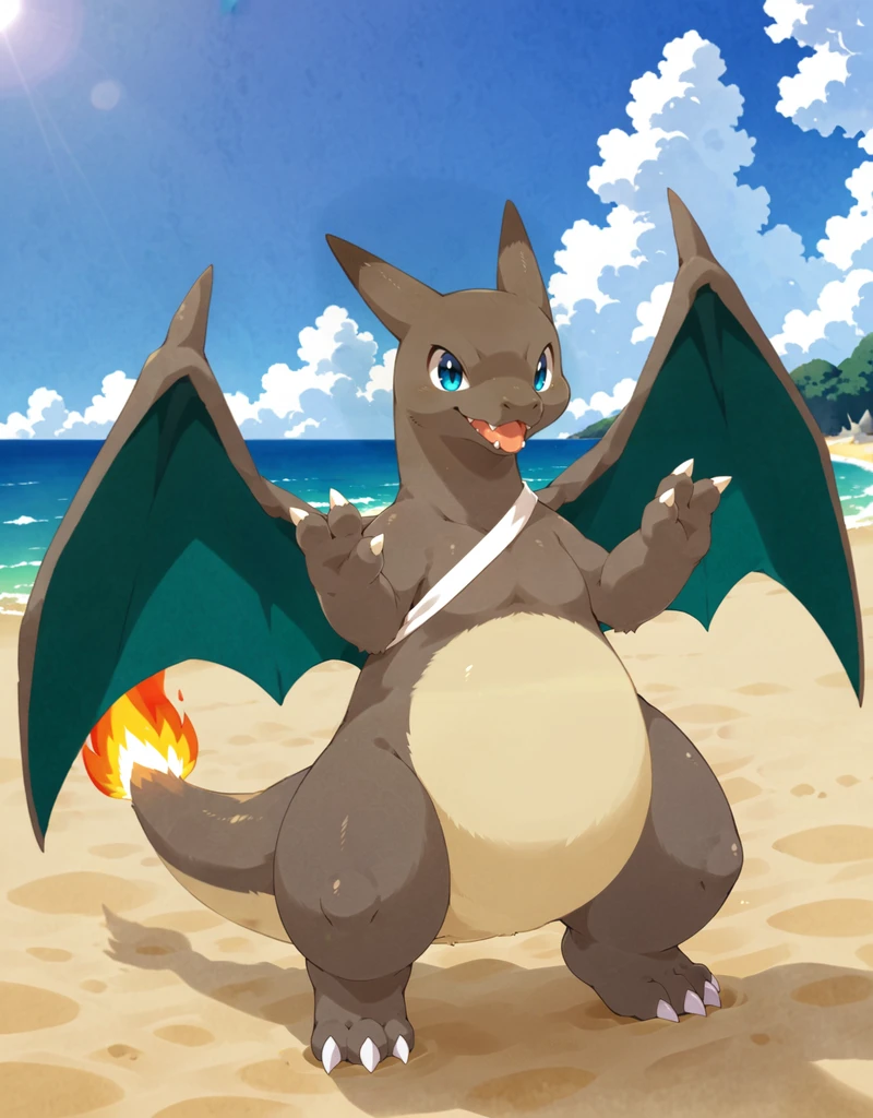 (((detailed eyes, detailed face))), (feral, (player2 charizard <lora:character_charizard_pokken_pindigoxl_v1:0.9>, grey skin, green wings), flame-tipped tail, claws, bandage, sash, blue eyes), male, (solo), (plump, fat, chubby, overweight), (nude), standing, smile, (front view) BREAK (konzaburou, ukan_muri), beach, (flat shading, flat color, high brightness), 8k, UHD, masterpiece, (full body), ((wings))