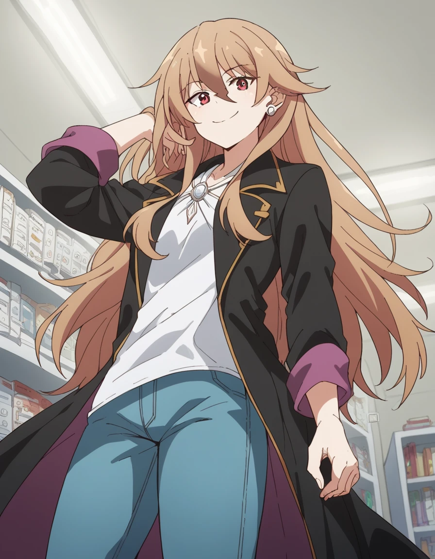 score_9, score_8_up, score_7_up, source_anime, <lora:vending-hulemy-s1-ponyxl-lora-nochekaiser:1>, hulemy, long hair, brown hair, red eyes, hair between eyes,, shirt, long sleeves, jewelry, white shirt, earrings, pants, coat, open coat, black coat, jeans,, bookstore, browsing shelves, new book smell, finding a favorite, quiet atmosphere, smile, from below, looking at viewer, solo,, dutch angle, cowboy shot