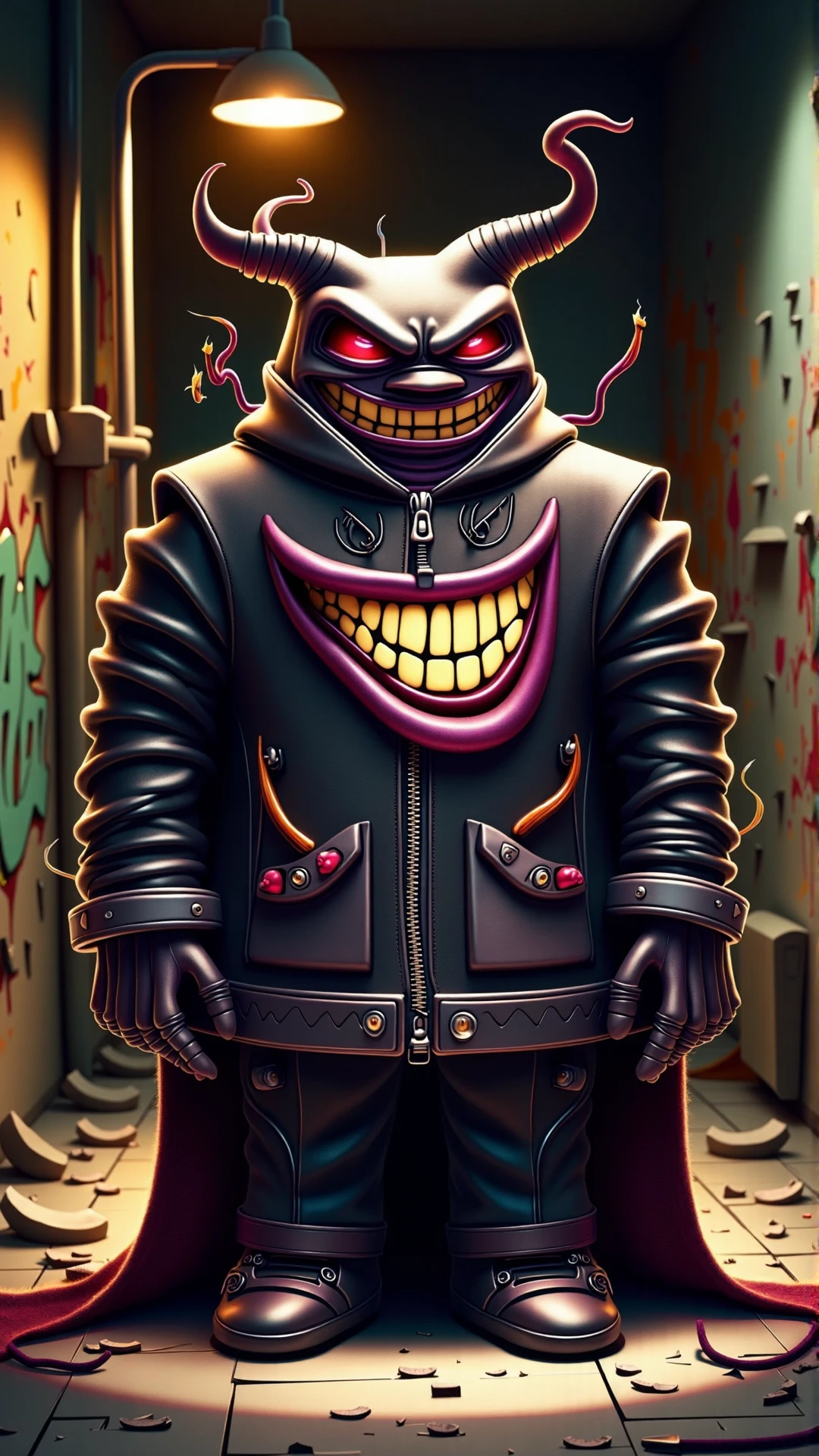 An image of a villainous item: A diabolical, villainous jacket with a menacing grin emblazoned on its front, the zip forming a sly, upturned smile that seems to sneer at all who cross its path. The jacket itself is a deep, foreboding black, with a twisted, jagged design that gives it a malevolent air. Its sleeves appear to be grasping and twisted, like skeletal fingers, adding to the overall sense of nefarious intent.
The jacket's body is adorned with a maniacal laughter pattern, with each thread and seam seeming to curve and twist into a grotesque, sinister smile. Its collar is raised, giving the impression of a villainous cape, and its lining appears to be a dark, fiery red, like the depths of a malevolent soul.
The jacket stands in a dark, abandoned alleyway, the walls covered in twisted graffiti and the air thick with the scent of decay. A single, flickering streetlight casts an eerie glow over the scene, casting long shadows that seem to writhe and twist like living things. In the distance, the sound of maniacal laughter echoes through the night air, as if the jacket itself were reveling in its own dastardly schemes.
The ground around the jacket is littered with scraps of torn fabric and discarded threads, as if the very fabric of reality itself was being shredded by the jacket's malignant presence. The air seems to vibrate with malevolent energy, as if the jacket is a portal to a realm of darkness and despair.<lora:VillainousStyleFlux:1>