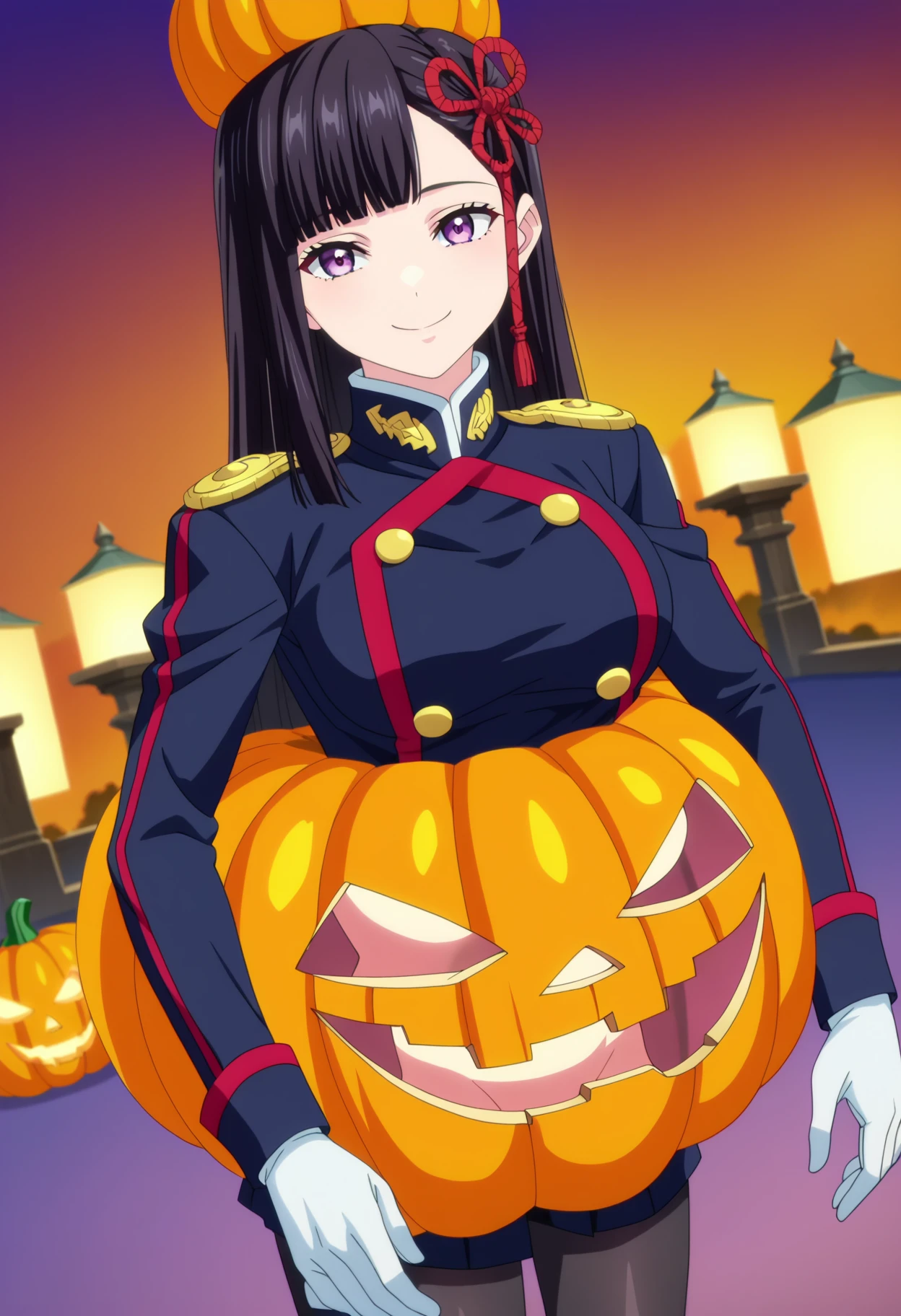 score_9, score_8_up, score_7_up, source_anime,
BREAK
<lora:shiPumpkinOutfitV1:1>, shipumpkinoutfit, pumpkin costume, jack-o'-lantern, pumpkin hat, 
1girl, solo,
<lora:shiRenYamishiroAnimeV1:0.8> shirenyamashiro, anime screencap, anime coloring, long hair, black hair, purple eyes, blunt bangs, military uniform, long sleeves, white gloves, black pantyhose, 
looking at viewer, smile, large breasts,