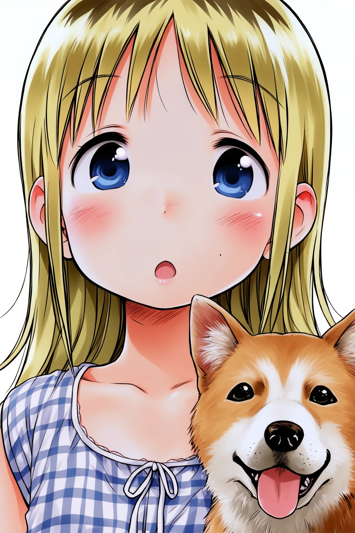 Ana Coppola,1girl,blonde dog,blue eyes,blonde hair,long hair,white background,solo,looking at viewer,simple background,:o,animal,collarbone,open mouth,
<lora:Ichigo Mashimaro_illustriousXL:0.8>,