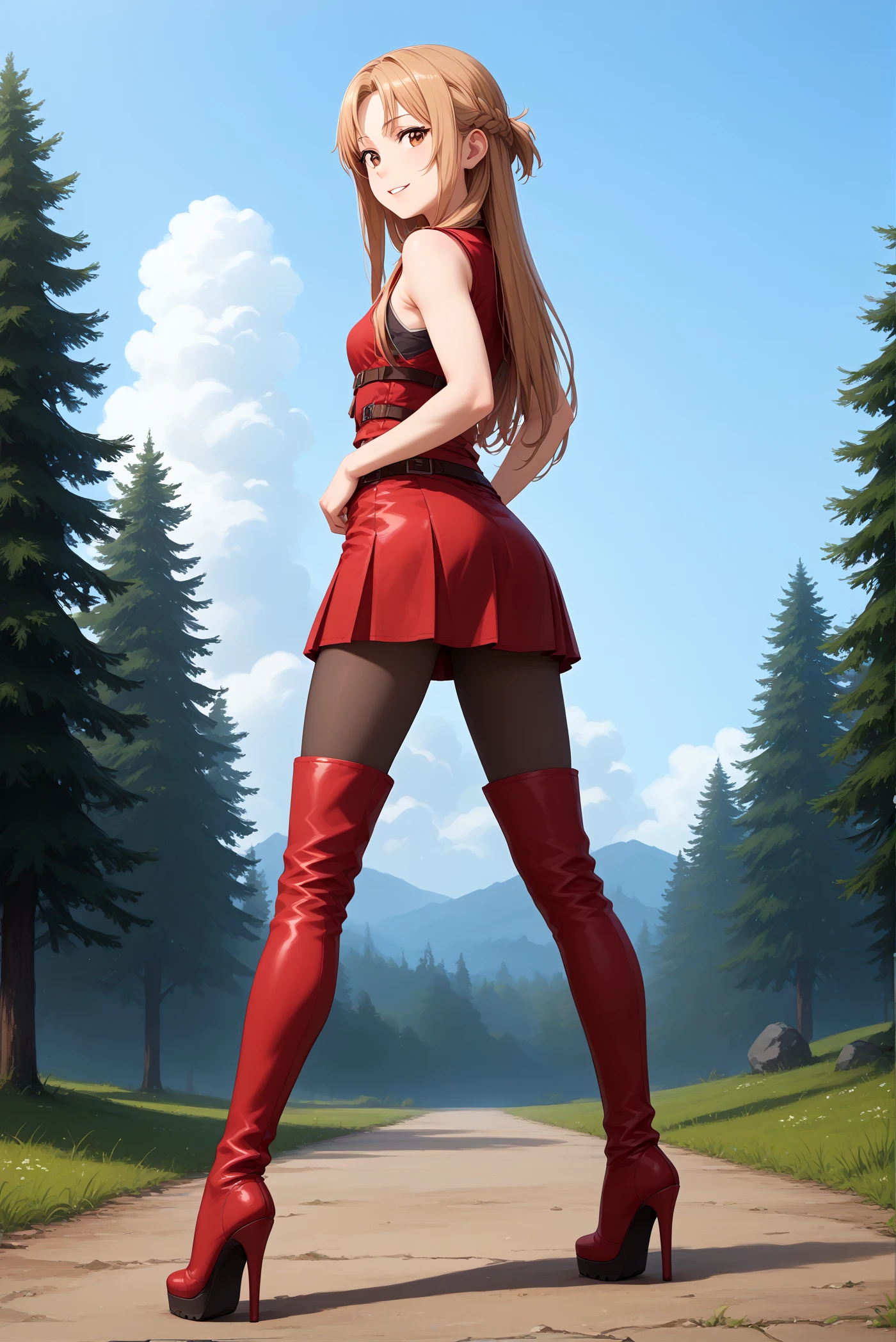 score_9, score_8_up, score_7_up, score_6_up,
<lora:P-Asuna:1> 4sun4, lrm0r, 1girl, solo, long hair, brown hairs, brown eyes, braid,
red vest, red skirt, pantyhose,
<lora:cl-thighboots:0.2>, leather boots, platform boots, thigh boots, high heels, (zipper:0.9),
small breasts, from behind, ass, seductive smile, eyelashes, parted lips,
forest background, blue sky, clouds, tree,