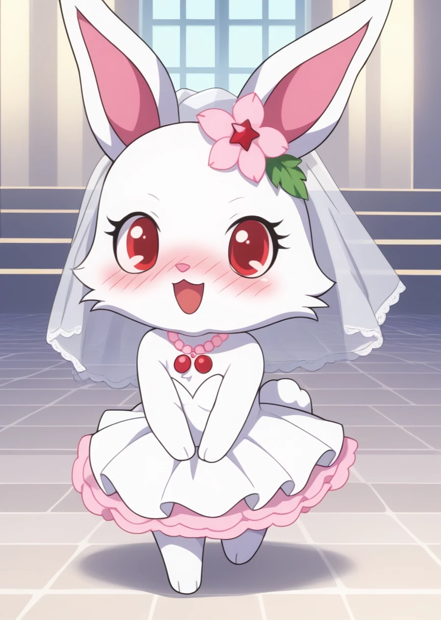 score_9, score_8_up, score_7_up, score_6_up, score_5_up, BREAK
ru6y, anthro, female, jewelpet, furry, rabbit ears, solo, looking at viewer, smile, open mouth, hair ornament, red eyes, flower, :d, necklace, no humans, rabbit, chibi, short limbs, dynamic pose, church, (wedding dress), wedding veil, blush, nose blush, deep blush