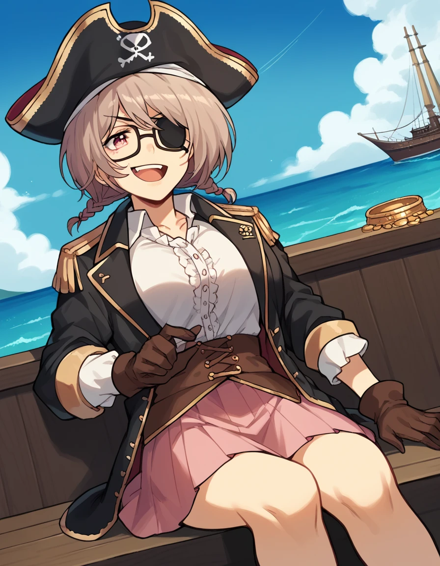 score_9, score_8_up, score_7_up, source_anime, <lora:an-onoya-s1-ponyxl-lora-nochekaiser:1>, an onoya, brown hair, pink eyes, braid, twin braids, glasses, large breasts,, <lora:pirate-costume-ponyxl-lora-nochekaiser:1>, pirate costume, pirate hat, skirt, gloves, jacket, shirt, eyepatch,, blue sky, sea, ocean, pirate ship, treasure, gold, smug, open mouth, from below, sitting,, , dutch angle, cowboy shot