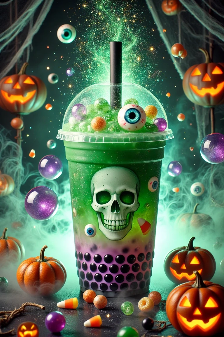 A Halloween-themed bubble tea cup with spooky green and purple hues, featuring floating eyeball and skull bubbles amidst misty fog and magical sparkles. Surrounding the cup are a variety of Halloween treats like candy corn, lollipops, and gummy worms, mixed with small pumpkins and jack-o'-lanterns. The background glows softly with an eerie light, creating a magical, whimsical Halloween vibe, with sweets and spooky decor scattered around.