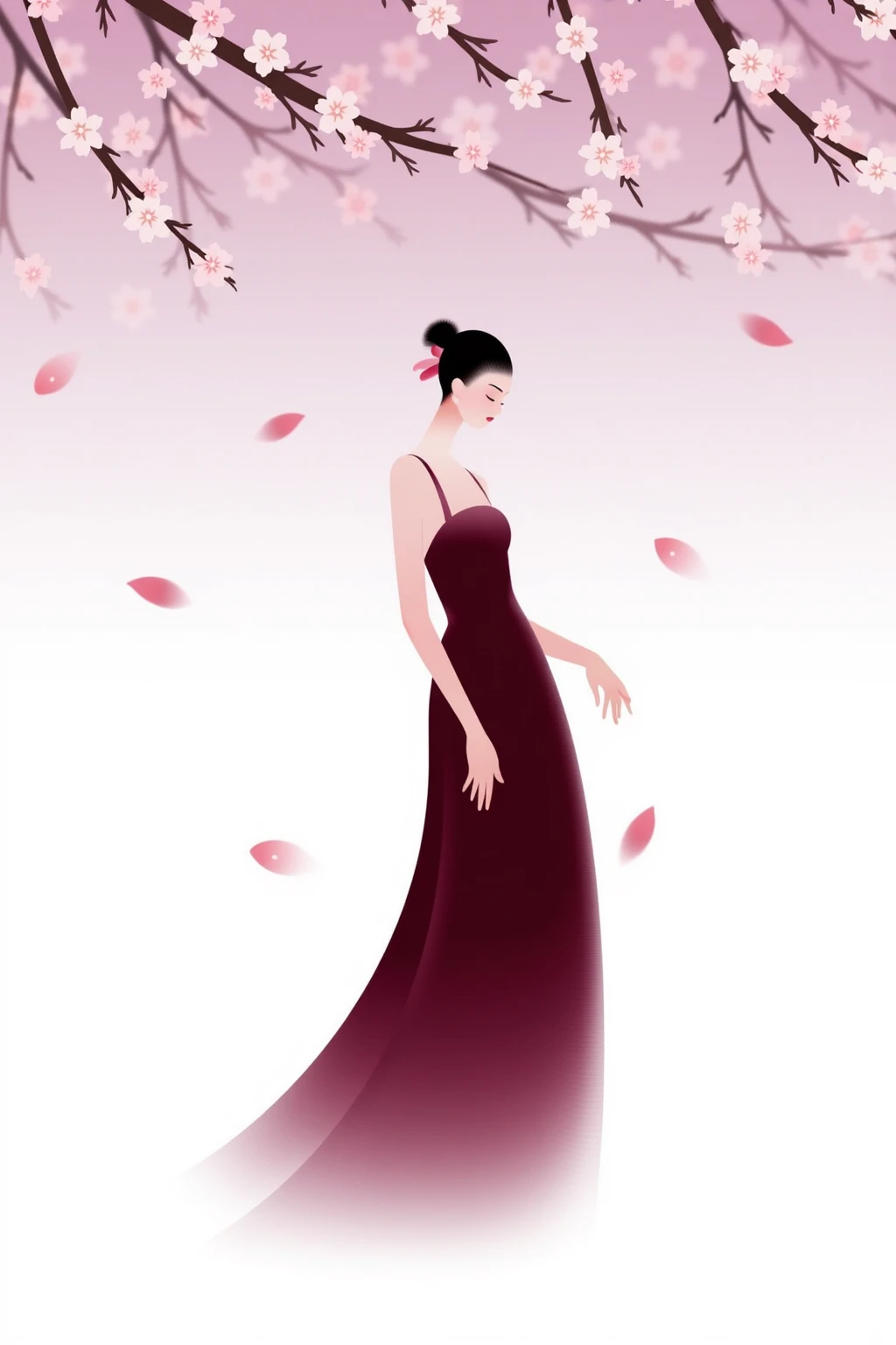 CynthiaPoster. This image is a minimalist, stylized poster that uses soft gradients and flowing lines. This illustration portrays a figure dressed in a deep burgundy gown, standing in a tranquil garden filled with blooming cherry blossoms. Her hair is adorned with delicate pink flowers, harmonizing with the scene. The background features a gradient transitioning from soft white at the bottom to a rich mauve at the top, creating a romantic and serene atmosphere. The cherry blossoms drift gently around her, enhancing the feeling of peace and beauty in the composition. The design emphasizes simplicity and elegance, with abstract shapes that flow around the figure, enhancing the sense of movement and fluidity. The overall aesthetic feels modern and artistic, with a dreamy and ethereal quality.