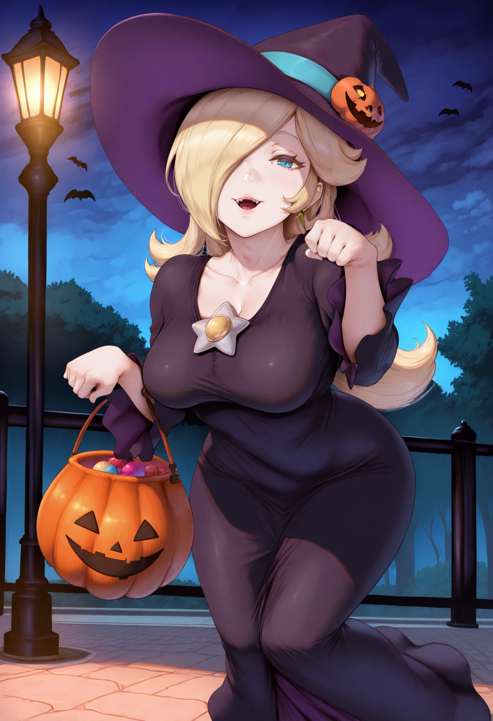 masterpiece, best quality, 1girl, solo, RslnHllwn, hair over one eye, witch hat, pruple dress, halloween costume, purple headwear, black dress, long dress, <lora:Rosalina_illusXL_Incrs_v1:1>, outdoors, night, halloween, halloween bucket, happy halloween, lamppost, looking at viewer, paw pose, smile, open mouth, :3,