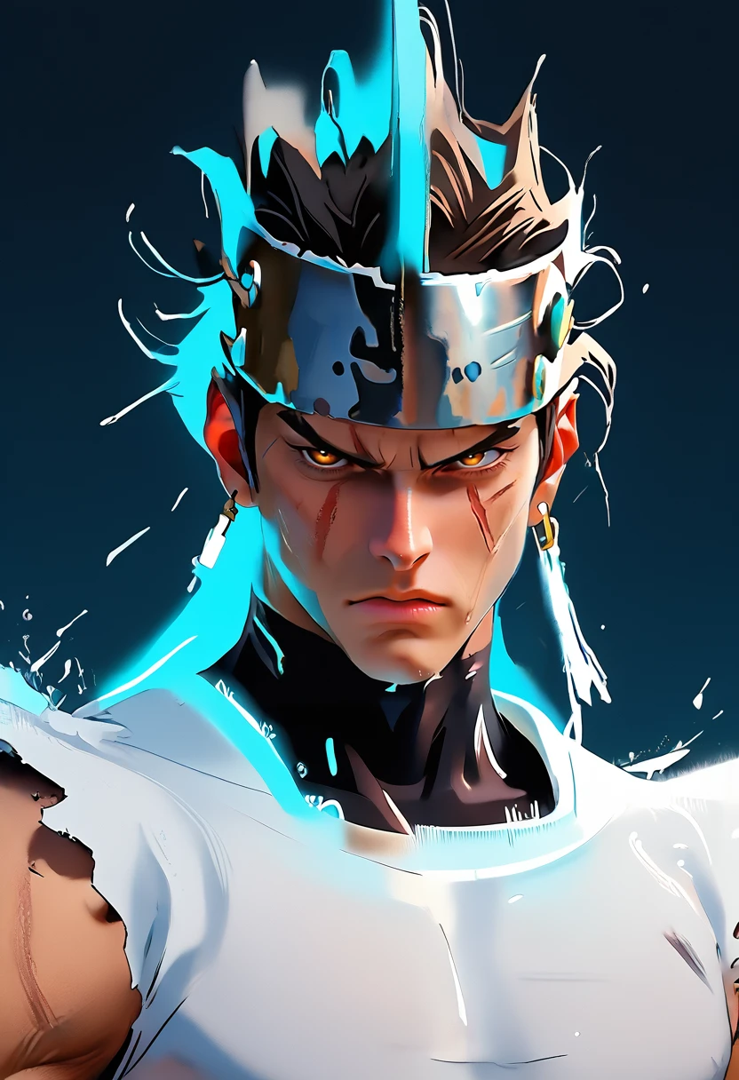 source_anime, score_9, score_8_up, score_7_up, (masterpiece:1.2), (best quality:1.3), <lora:Hayato_Kanzaki_Star_Gladiator-000005:0.8> 1boy, hayato_srgd, headband, portrait, scar across eye, simple background, blue aura glow, facing viewer, angry expression <lora:Anime Style (Vauxz) PONY:0.8>, low-key lighting, lo-fi, glow, dynamic cinematic lighting, ray_tracing, global illumination