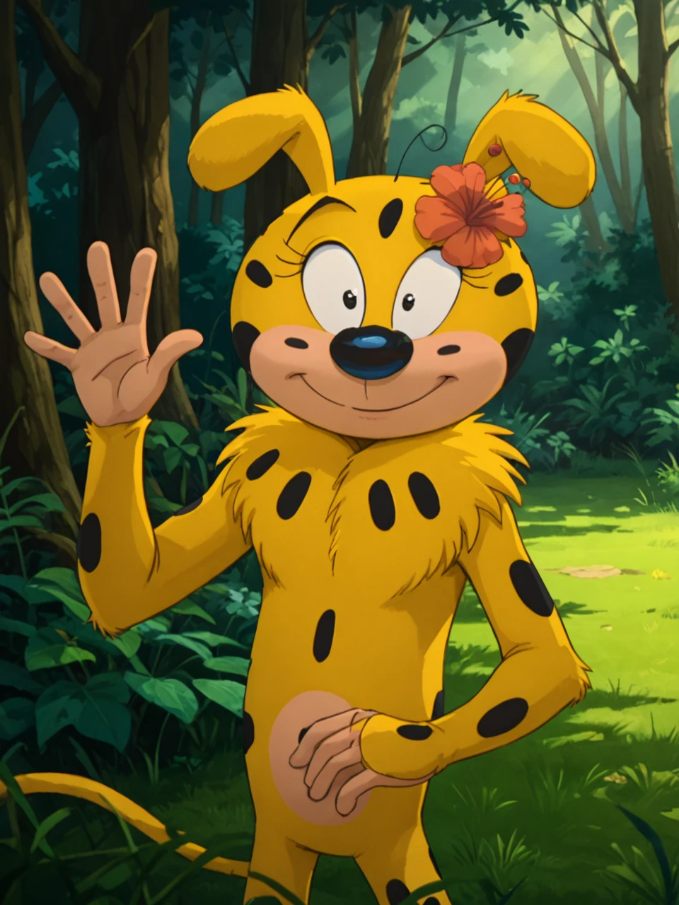 score_9, score_8_up, score_7_up,  score_6_up, BREAK, M4rsupi4amie, 1girl, solo, black eyes, tail, hair flower, yellow fur, forest, overgrown, nature, grass, smile, upper body, raise left hand, waving, looking at viewer, Volumetric Lighting <lora:Marsupilamie:1>