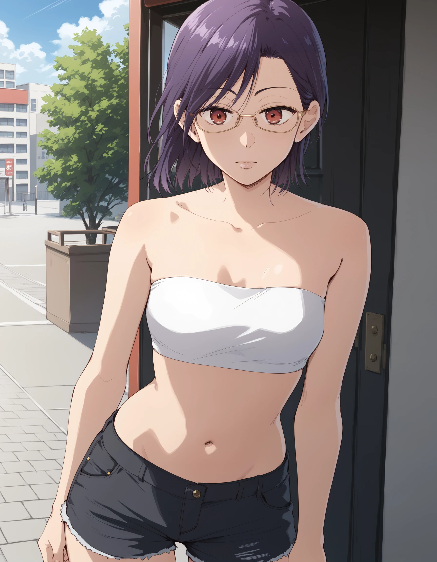 score_9, score_8_up, score_7_up
BREAK 1girl, <lora:ErikoXL-v4:1>, eriko, purple hair, red eyes, glasses, white bandeau, midriff, navel, groin, cutoffs, black shorts, looking at viewer, pose, outdoors