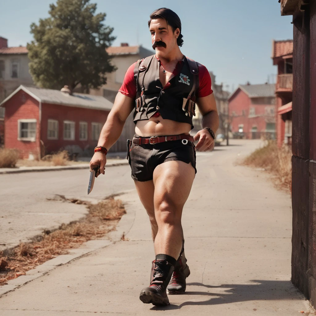 zPDXL3, Score_7_up, score_8_up, male focus,  side angle, NSFW, explicit,
BREAK,
  nahualli, standing pose, seductive, mustache, black vest, mini shorts, tactical gear, partially unbuttoned, skindentation, (plump ass, red crop top, midriff:1.2), low cut, plump pecs, holding knife, looking away, gruff, outdoors, western town setting, [walking],