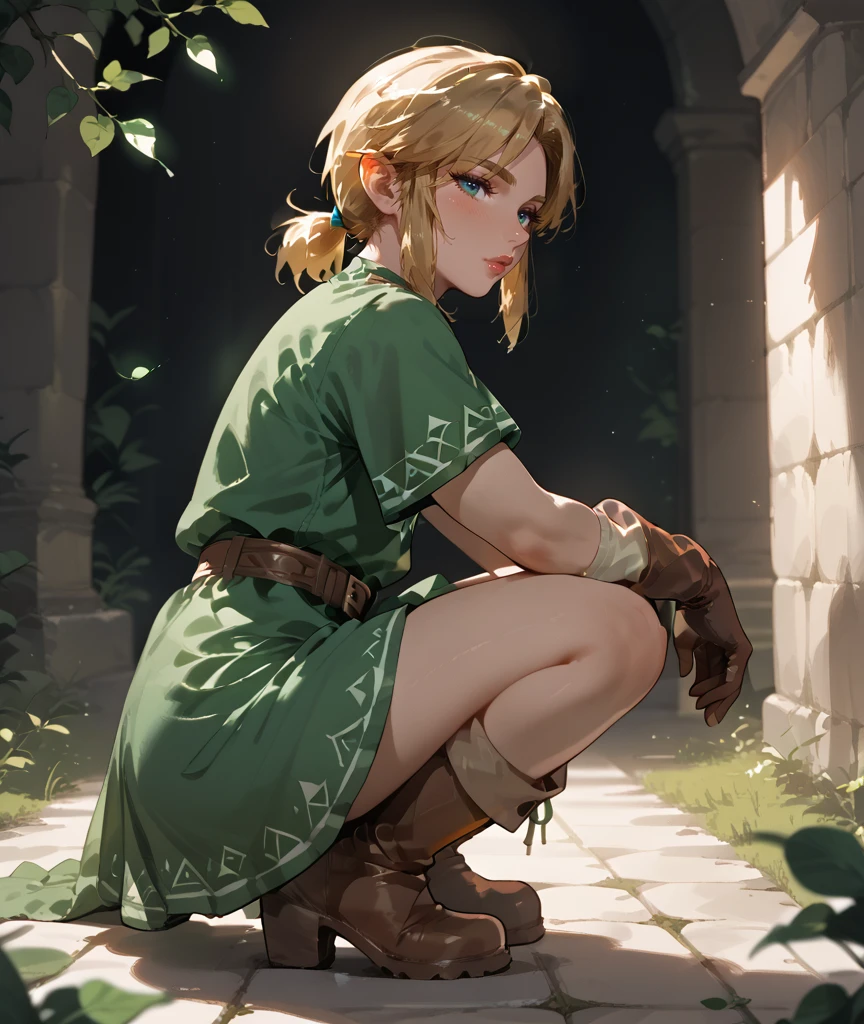 score_9, score_8_up, score_7_up, incredible lighting, shadows, 8k, (solo), (white background), 1guy, side view, full body shot, squatting, facing the viewer, eye contact blushing, lipstick, eyeliner, femboy_link, blonde hair, green dress, gloves, boots, belt, gloves, <lora:Femboy_Link:0.8>