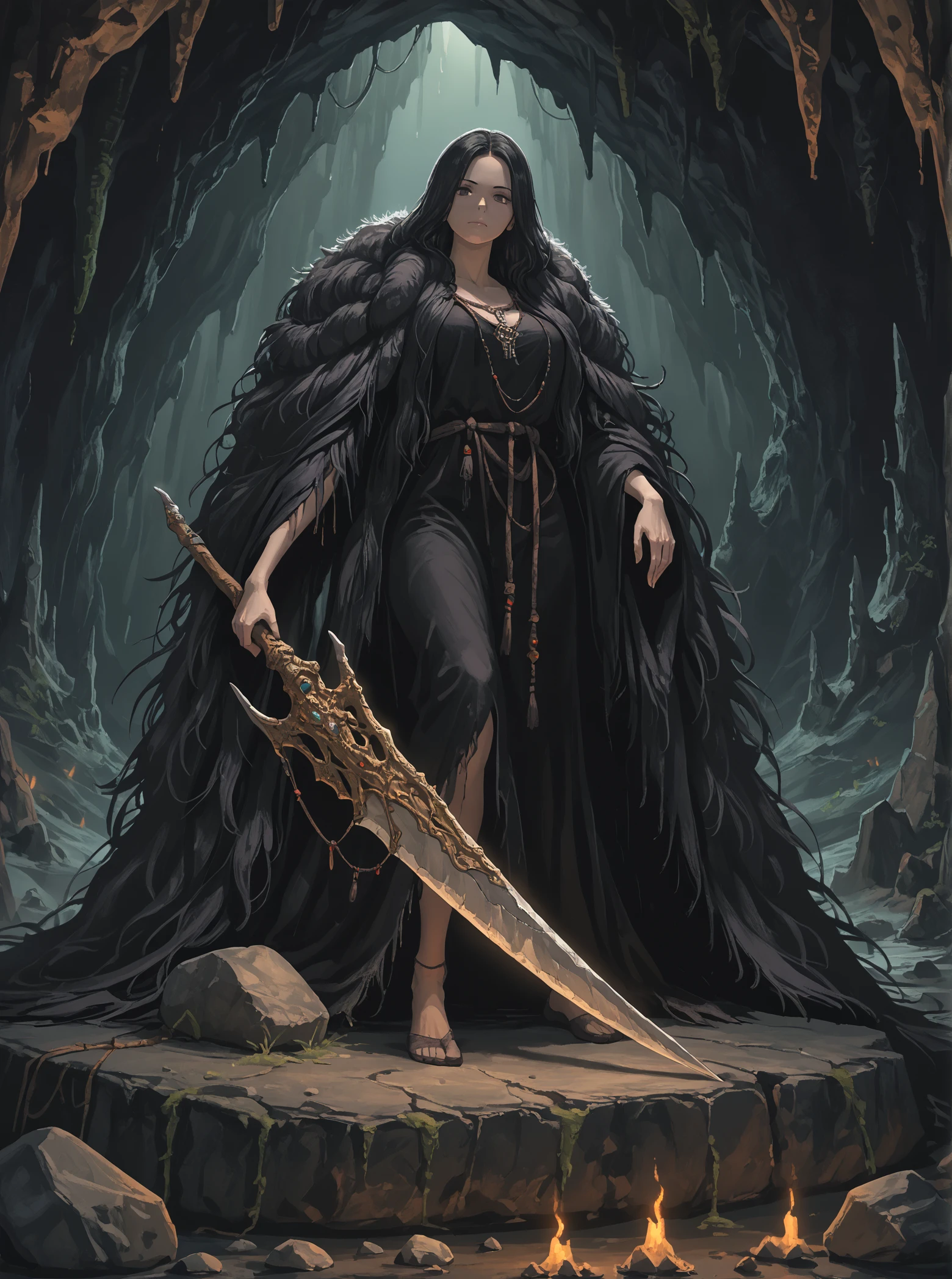 score_9, score_8_up,
<lora:nito_v1:1>, female, beautiful, breasts, sitting on rock, huge weapon, standing, solo, greatsword, black robe, cave, fur trim, full body, no humans