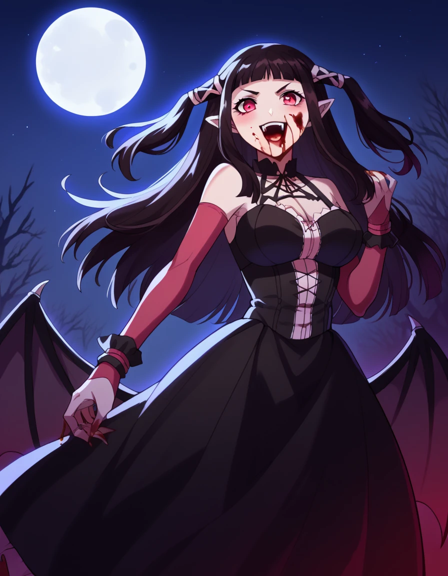 score_9, score_8_up, score_7_up, source_anime, <lora:ruby-toujou-s2-ponyxl-lora-nochekaiser:1>, ruby toujou, long hair, black hair, pink eyes, two side up, bangs, blunt bangs, large breasts,, <lora:vampire-ponyxl-lora-nochekaiser:1>, vampire, red eyes, pointy ears, fangs, black dress, wings, blood, blood on face, blood on mouth, bat (animal), halloween, halloween costume, upper teeth only, night, moon, blush, smile, open mouth, , dutch angle, cowboy shot