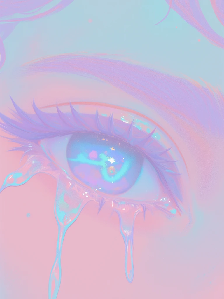 a close up of a woman's eye with a pink and blue iridescent background, The eye is the focal point of the image, with the iridescence of the background creating a beautiful and captivating effect