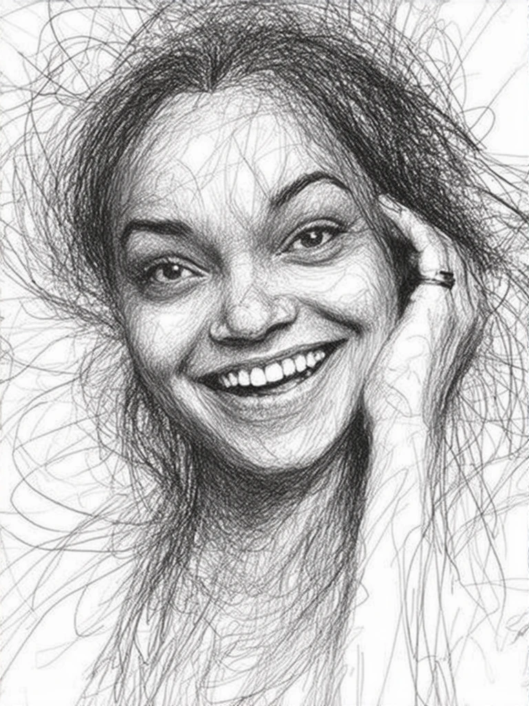 pencil_drawing,created using a combination of pen and ink techniques. The drawing is rendered in a loose, The image is a highly detailed, thoughtful smile and her gaze is directed slightly off-camera, swirling lines that create a sense of movement and energy, adding to the chaotic, giving it a dynamic, abstract portrait of a character with an intense, touching his ear, distressed appearance.