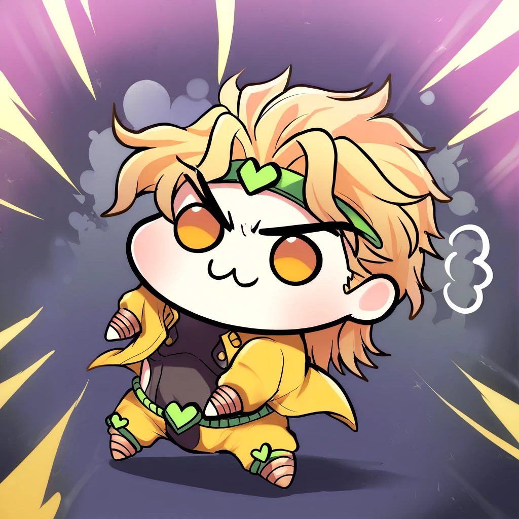 <lora:doro_xypher_ixl_v1:1>  solo, doro, \:3, chibi, solid circle eyes, full body
, masterpiece, best quality, very aesthetic, highres, absurdres
, dio brando, headband, yellow jacket, jojo pose, v-shaped eyebrows, dio doro