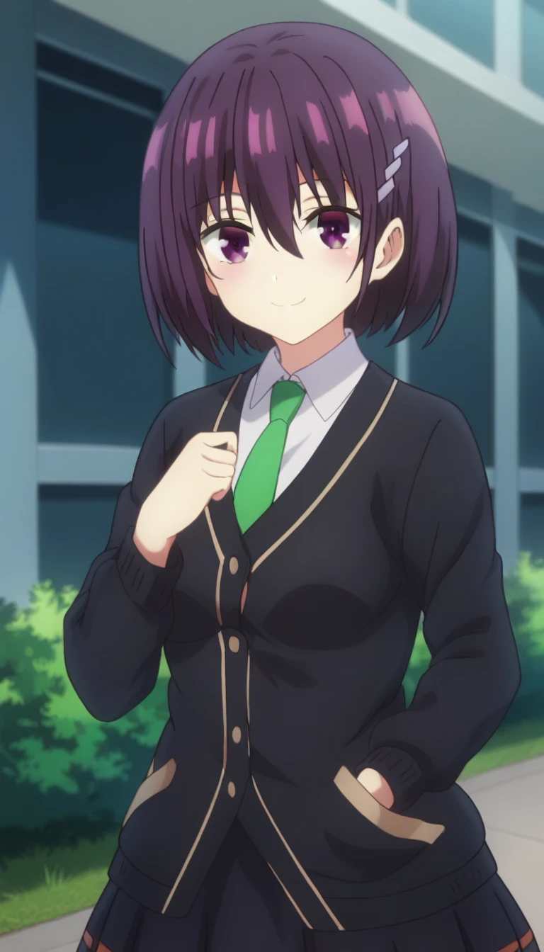 score_9,score_8_up,score_7_up,score_6_up BREAK official art,solo,outdoors,upper body,(portrait:1.5),looking at viewer,facing viewer,smile,blush,Suzu Kanade,short hair,purple hair,bob cut,hair ornament,hairclip,hair between eyes,bangs,purple eyes,school uniform,black cardigan,green necktie,collared shirt,white shirt,medium breasts,long sleeves,miniskirt,black skirt,pleated skirt,black socks,loafers,<lora:Suzu Kanade(at)-Pony:1.8>,