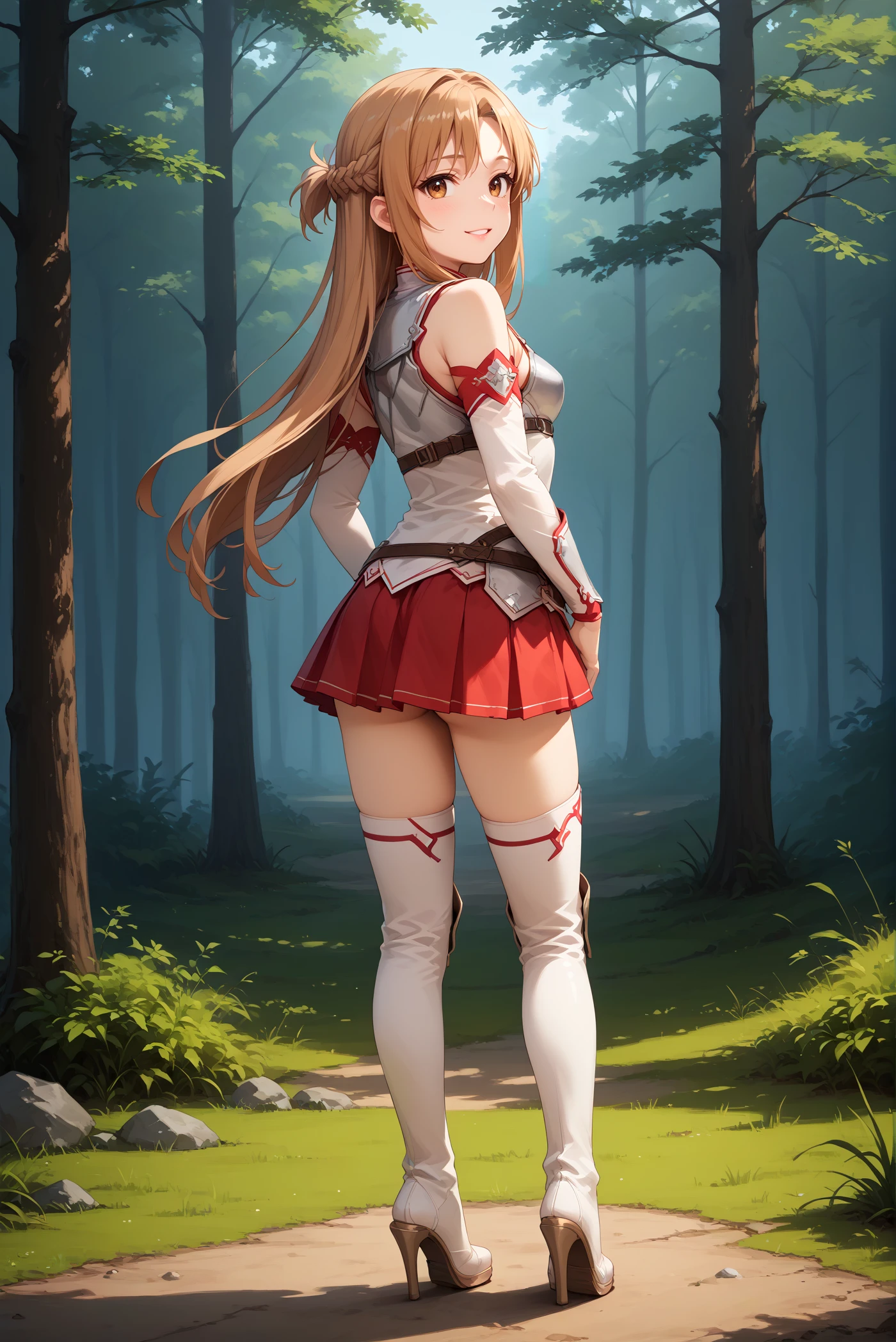 score_9, score_8_up, score_7_up, score_6_up,
<lora:P-Asuna:1> 4sun4, 1girl, solo, long hair, brown hairs, brown eyes, braid,
arm0, breastplate, armor, detached sleeves, white sleeves, red skirt, thighhighs,
<lora:cl-thighboots:0.2>, leather boots, platform boots, thigh boots, high heels, (zipper:0.9), white boots, 
small breasts, from behind, ass, standing, seductive smile, eyelashes, parted lips, 
forest background, blue sky, clouds, tree,