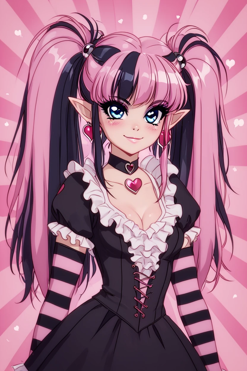 score_9, score_8_up, score_8, , (curvy), cute, eyelashes,       BREAK, , zzDraculaura, black hair, twintails, multicolored hair, two-tone hair, streaked hair, long hair, pink hair, pointy ears, retro artstyle, 1990s (style),  cleavage, jewelry, heart, earrings, black choker, frills, striped, fur trim, makeup, heart earrings, striped sleeves, black dress,    <lora:NewDraculaura_PDXL:1.0>,, BREAK, smile, closed mouth, looking at viewer, cowboy shot,  ,,, embedding:zPDXL, Expressiveh, ,,, <lora:MantisStyle_PDXL_v2:0.8>, <lora:SDXLFaeTastic2400:0.5>, <lora:Expressive_H-000001:0.4>,