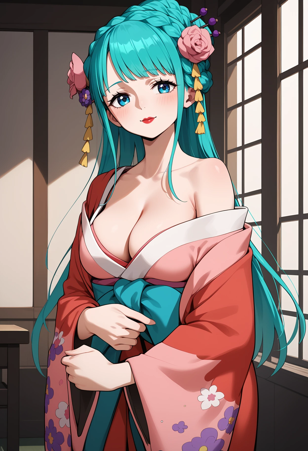 score_9, score_8_up, score_7_up, score_6_up, score_5_up, score_4_up, source_anime, aahiyori, long hair, aqua hair, braid, hair flower, blue eyes, lipstick, breasts, red kimono, pink kimono, sash, <lora:kouzuki_hiyori_ponyxl_v1:0.9>, indoors, standing, cowboy shot, off shoulder, cleavage,