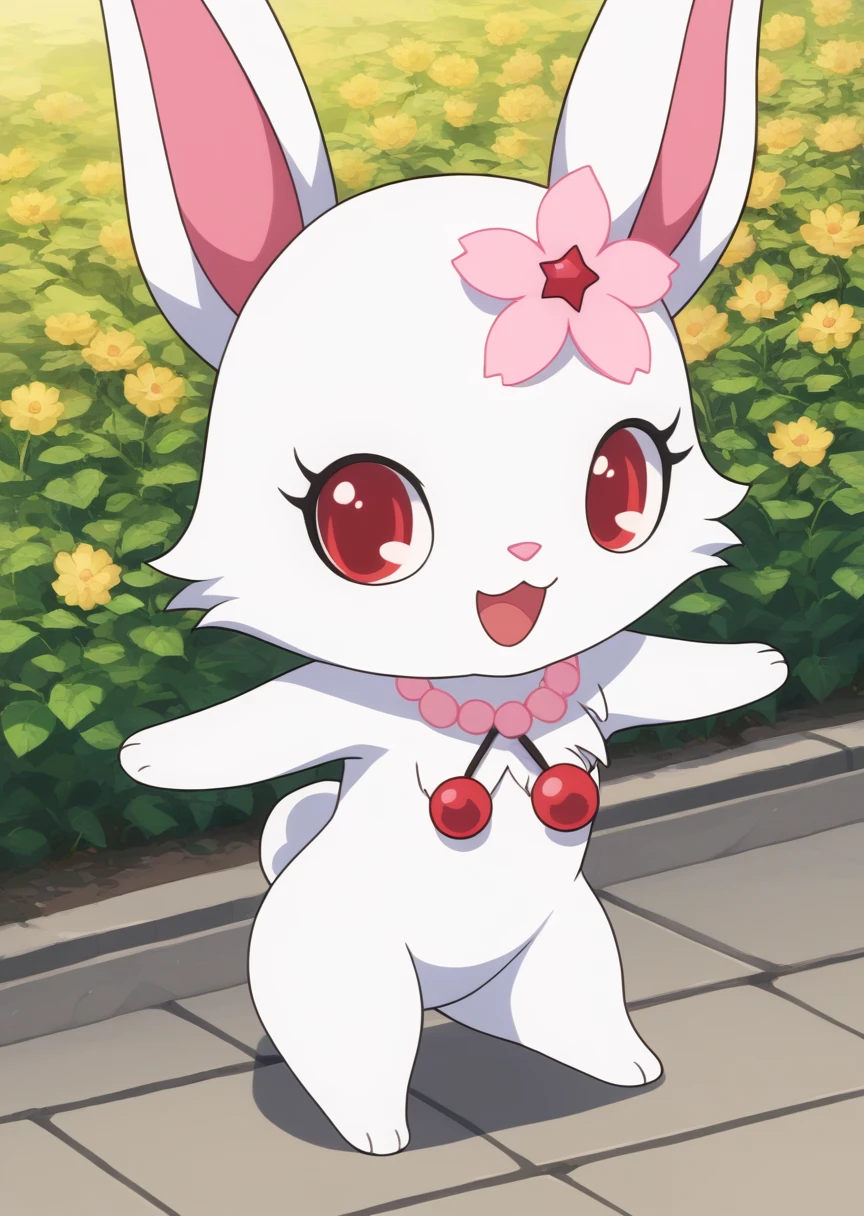 score_9, score_8_up, score_7_up, score_6_up, score_5_up, BREAK
ru6y, anthro, female, jewelpet, furry, rabbit ears, solo, looking at viewer, smile, open mouth, hair ornament, red eyes, flower, :d, necklace, no humans, rabbit, chibi, short limbs, park