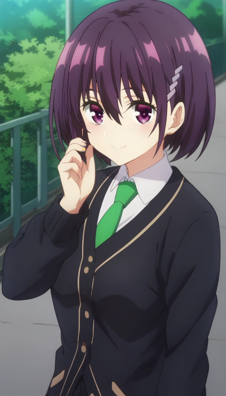 score_9,score_8_up,score_7_up,score_6_up BREAK official art,solo,outdoors,upper body,(portrait:1.5),looking at viewer,facing viewer,smile,blush,Suzu Kanade,short hair,purple hair,bob cut,hair ornament,hairclip,hair between eyes,bangs,purple eyes,school uniform,black cardigan,green necktie,collared shirt,white shirt,medium breasts,long sleeves,miniskirt,black skirt,pleated skirt,black socks,loafers,<lora:Suzu Kanade(at)-Pony:1.8>,