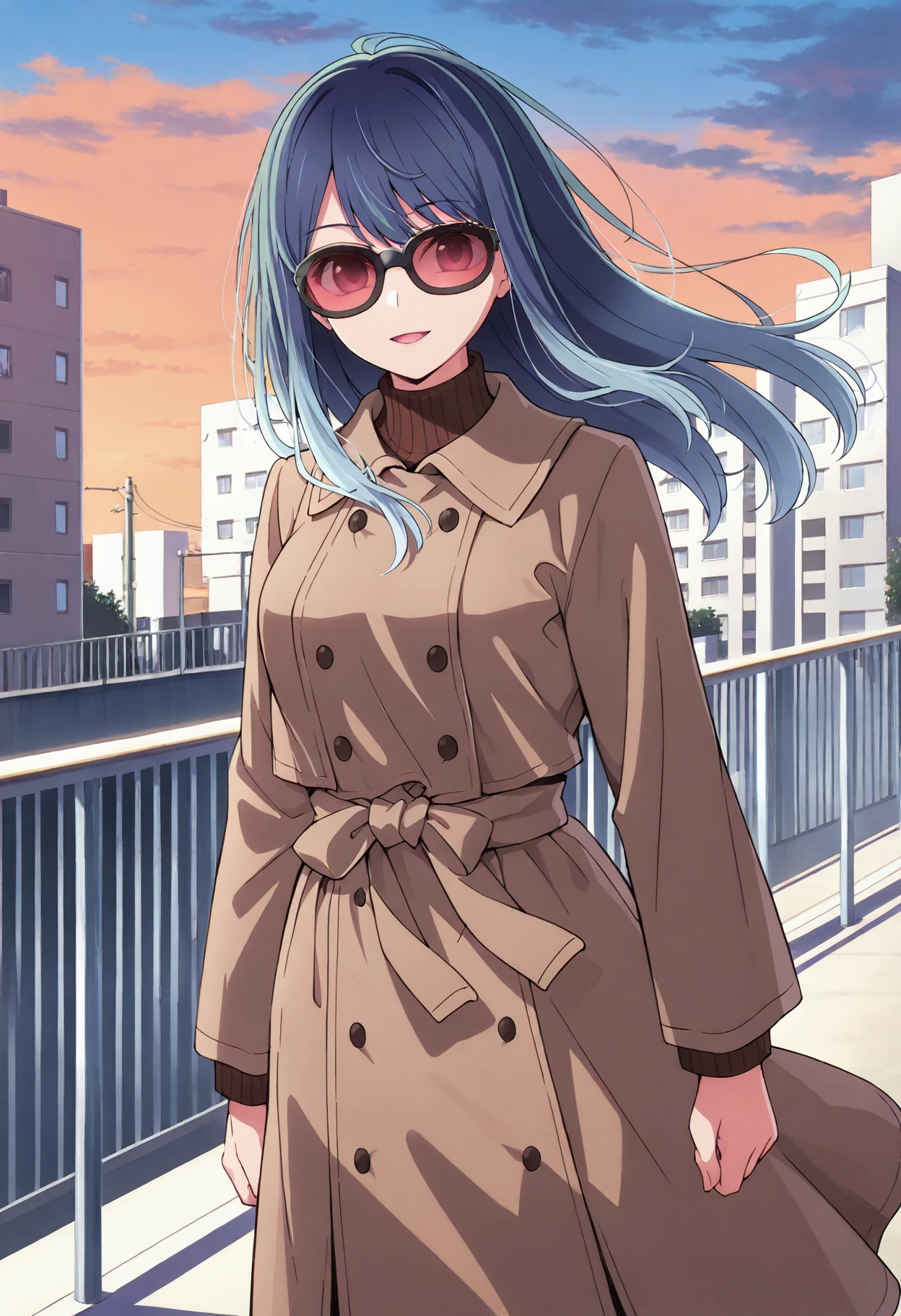 <lora:kurokawaakane_ill:1>,1girl, solo, long hair, sky, looking at viewer, outdoors, cloud, day, , long sleeves, blue sky, , , cloudy sky, trench coat, ,, standing, building, expressionless,, blue hair, turtleneck sweater, cowboy shot ,smile, sunglasses, kurokawaakane, , orange sky, evening,railing, street, evening, smile, open mouth,  footbridge, wind,  floating hair,