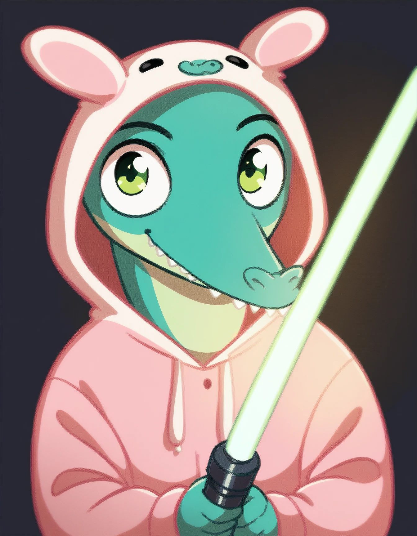 score_9, score_8_up, score_7_up, score_6_up, score_5_up, score_4_up, reptile
Zhora, green eyes, pink pajamas, hood, turquoise skin, two tone skin, sharp teeth, tail, long nose, hold a light green lightsaber, dark background
 <lora:Zhora_XL:1>