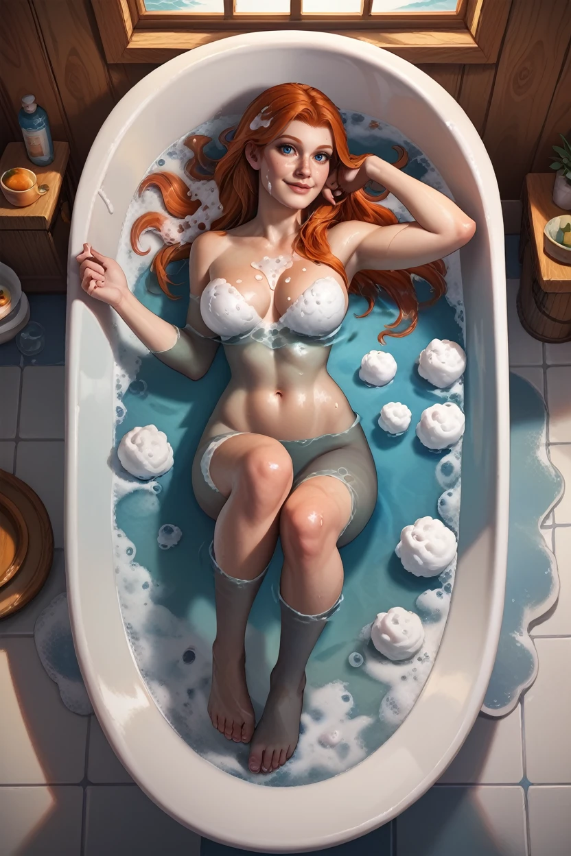 score_9, score_8_up, score_7_up,
<lora:Spider2MaryJ:0.8>
Spider2MaryJ, 1girl, orange hair, long hair, blue eyes, looking at viewer, lying inside bathtub, full body, water, foam, smiling