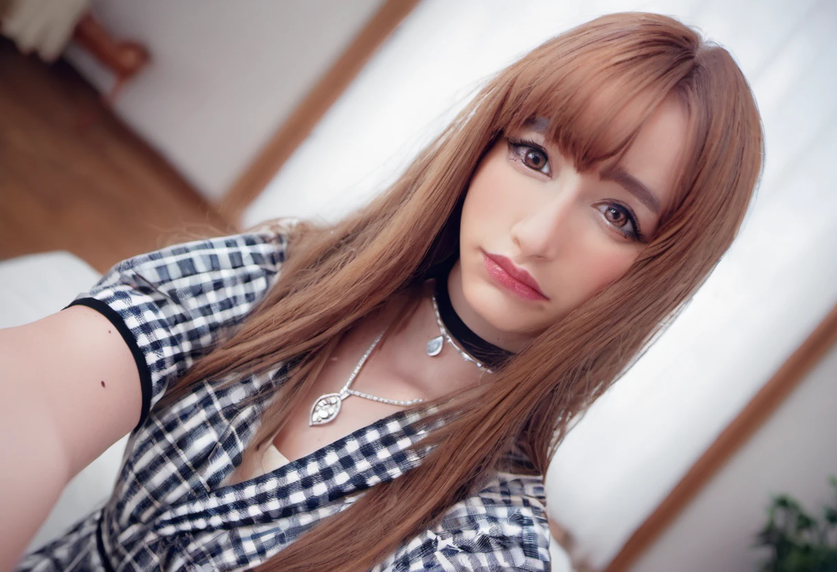 zPDXL, zPDXLxxx, BREAK <lora:Keekihime_for_PonyXL-000010:1>, keekihime, 1girl, solo, jewelry, long hair, brown hair, bracelet, looking at viewer, choker, upper body, plaid, plaid dress, indoors, dress, necklace, blurry, dutch angle, lips, shirt, short sleeves, blurry background, closed mouth, mole