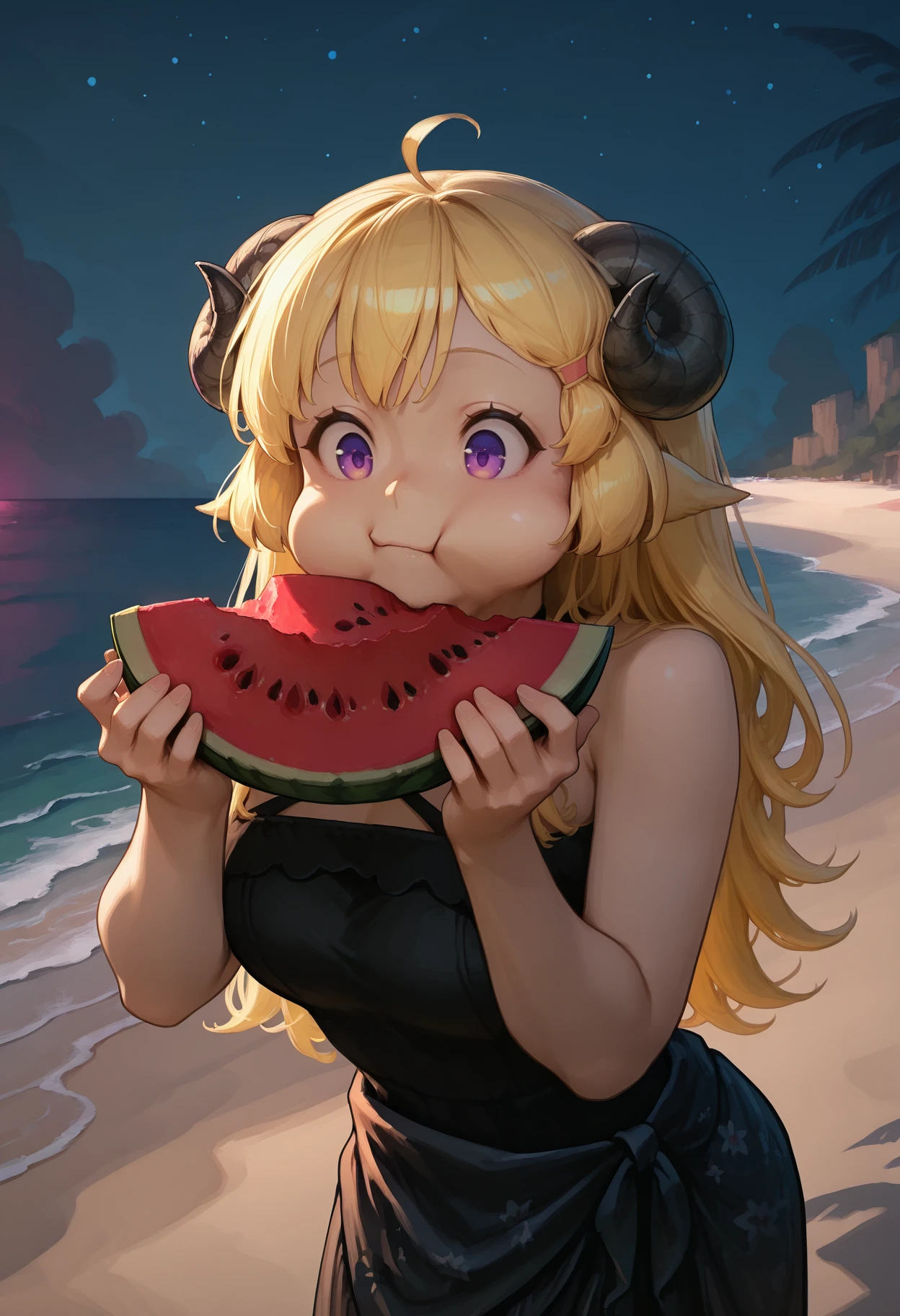 masterpiece, best quality, 1girl, TsnmkWtm, horns, blonde hair, purple eyes, long hair, ahoge, horns,
criss-cross halter, black sarong, chewing, eating, food in mouth, cheek bulge,
excited, hands up, holding watermelon slice, stuffing face,
outdoors, ocean, beach, dark, night, starry sky, dark theme, shadow, shade,
<lora:ChamTsunomakiWatameIllustriousXL:1.0>,