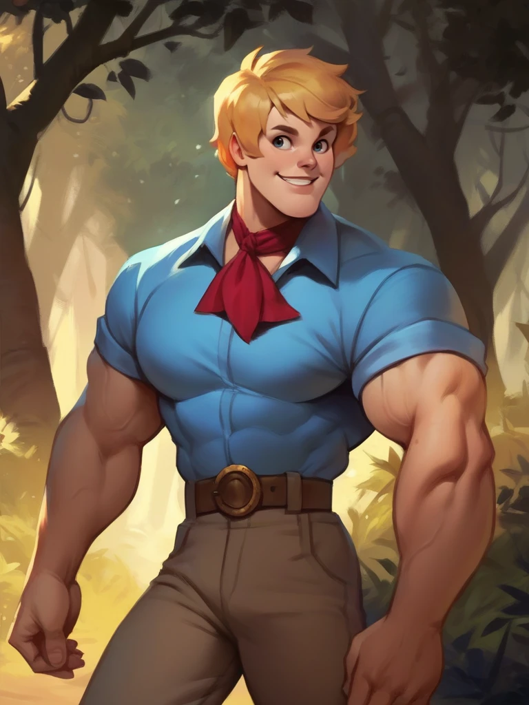 score_9, score_8_up, score_7_up, score_6_up, 1boy, dynamic pose, smile, looking at viewer, cowboy shot, forest,
 <lora:AlanMarberry_character:0.85>, AlanMarberryXLP, blonde hair, short hair, blue shirt, pants, belt, muscular male, red ascot, cartoon, <lora:Bonifasco_PonyXL_v1:0.7>