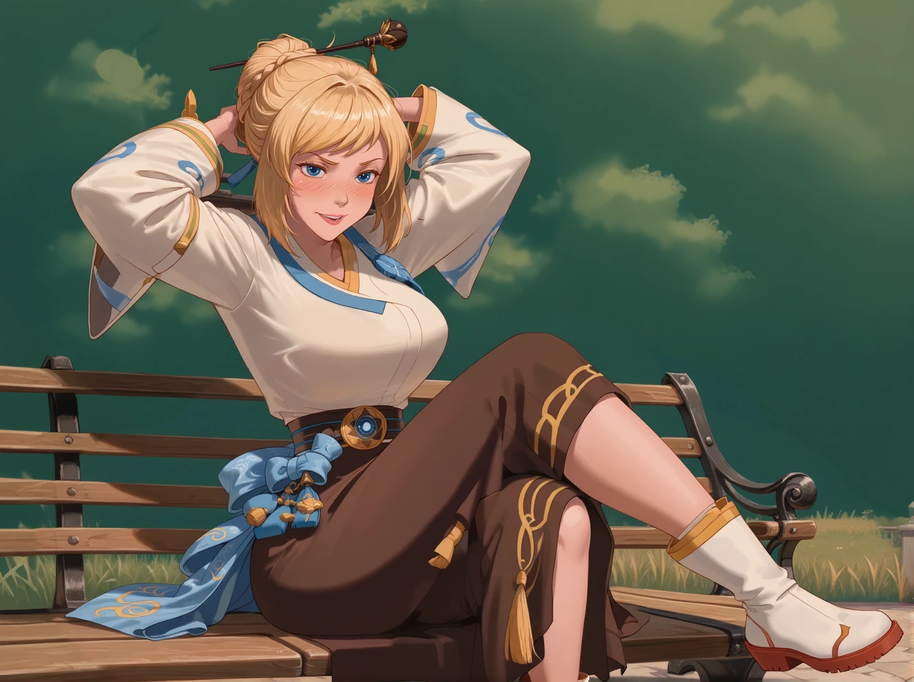 1girl,solo,full-face blush,simple background,naughty face,happy,
BREAK
<lora:dnf-fgunV3:0.7>,DNF-FGUN,blonde hair,short hair,bunbun,blue eyes,hair stick,wide sleeves,japanese clothes,brown  skirt,glowing belt,white boots,
huge large breasts,sitting  on park bench,
arms behind head,leg lift,
<lora:Disney_Style:1.4>,Disney_Style,makeup,half-closed eyes,