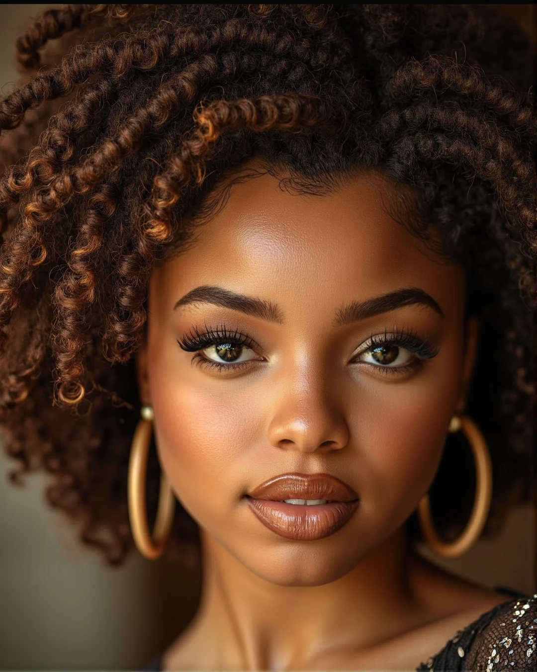 closeup headshot , A luxury black women with a curly brown hair, starring in a mona lisa like portrait painted by divinchi