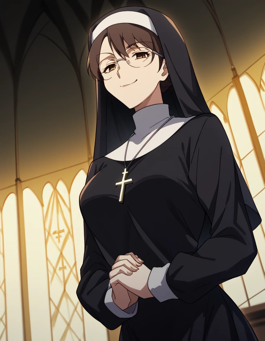 score_9, score_8_up, score_7_up, source_anime, <lora:aki-kikuchihara-s1-ponyxl-lora-nochekaiser:1>, aki kikuchihara, brown hair, brown eyes, glasses, mature female, large breasts,, <lora:traditional-nun-ponyxl-lora-nochekaiser:1>, traditional nun, nun, hab...