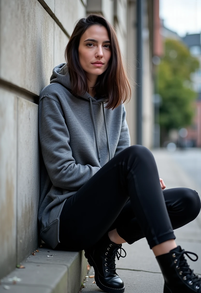 High-quality photo of amelielens woman sitting outdoors, leaning against a wall with a contemplative expression. amelielens woman is dressed casually in a gray hoodie and black leggings, paired with black lace-up boots, creating a relaxed, urban look.