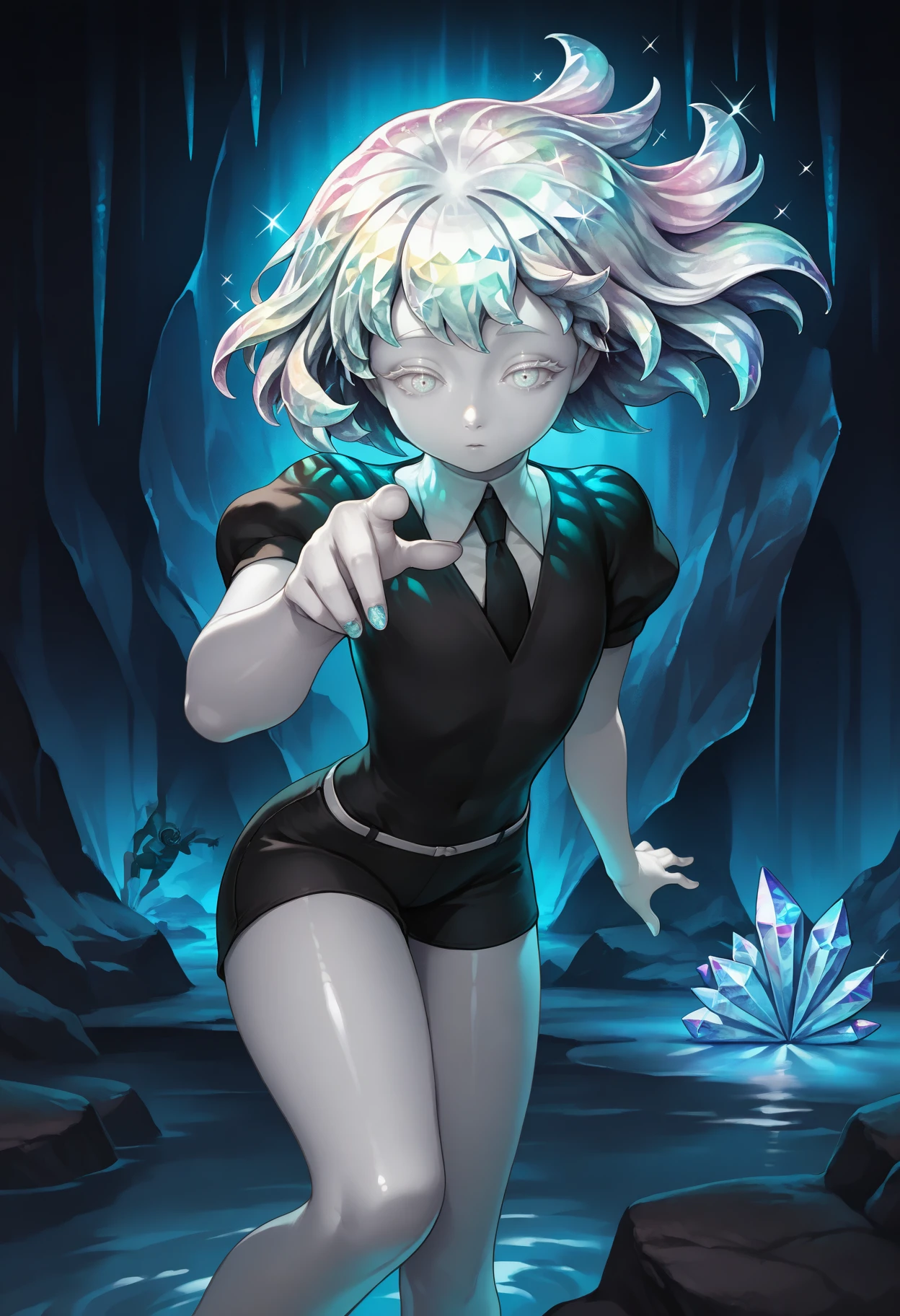 masterpiece, best quality, 1girl, diamond \(houseki no kuni\), 1other, white skin,
black shirt, black necktie, black shorts, colored eyelashes, crystal hair, gradient hair,
dynamic pose, 
indoors, cave, water, shiny, crystal, gem, rock, sparkle, dark theme,